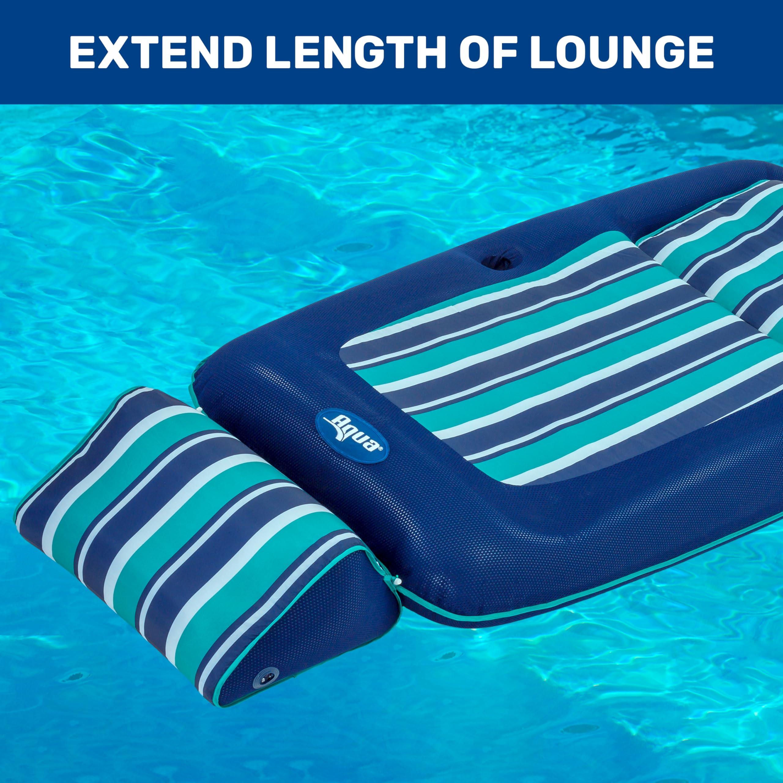 Aqua LEISURE Aqua Premium Convertible Pool Float Lounge Extra Large Heavy Duty, Inflatable Pool Floats for Adults with Cupholder Navy/Green/White Stripe