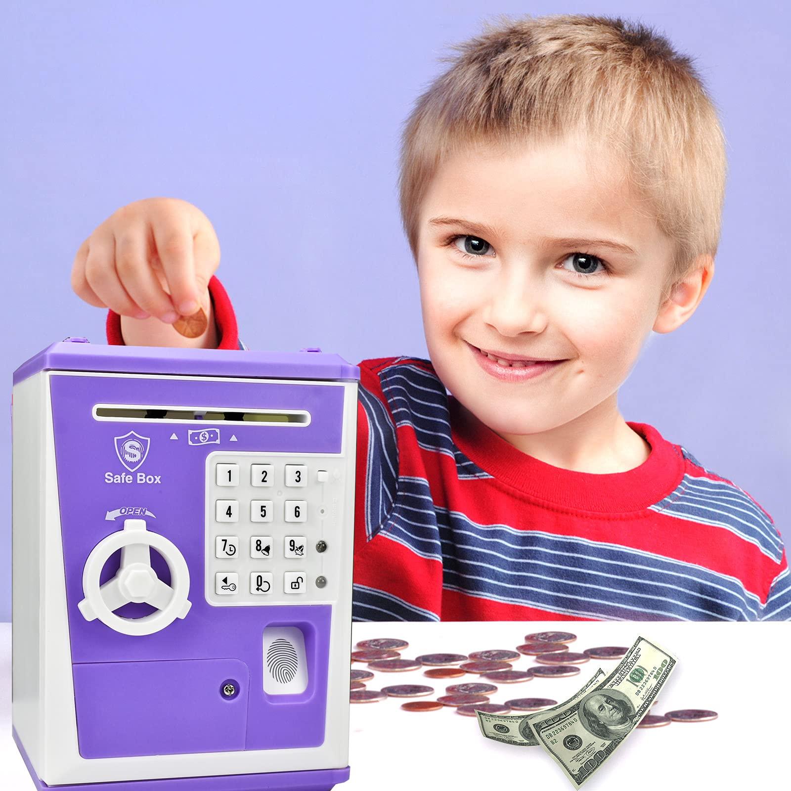 Like Toy Safe Box, Electronic ATM Piggy Bank, Money Coin Savings Bank, Finger Print Scanner Lock, Great Gift for Children Kids (Purple)