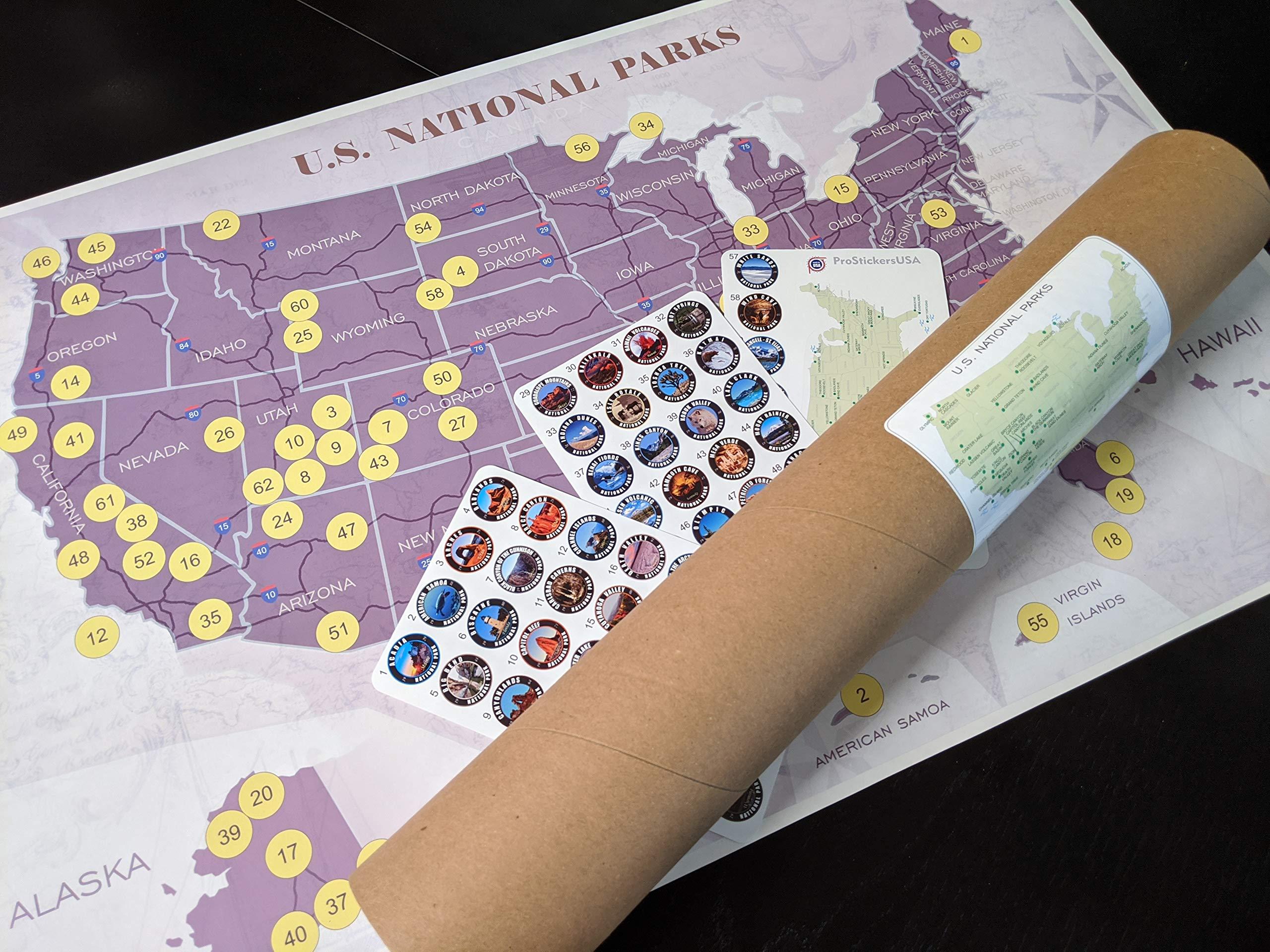 ProStickersUSA Collection 63 Stickers Set All US National Parks and Large Size Map of U.S. National Parks.17 x 27 inch with Tube Box.