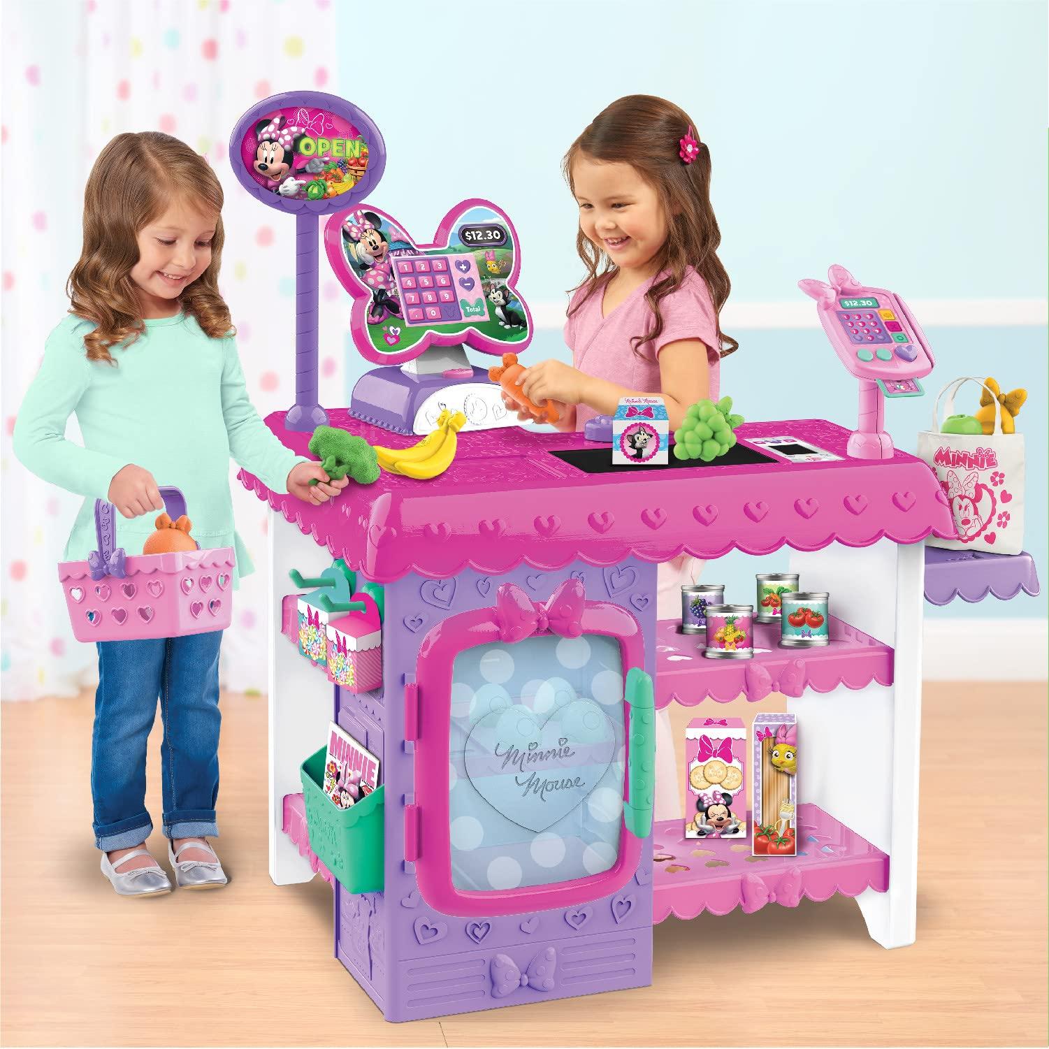 MINNIE Disney Junior Minnie Mouse Marvelous Market, Pretend Play Cash Register with Realistic Sounds, 38 Play Food Pieces and Accessories, Officially Licensed Kids Toys for Ages 3 Up by Just Play