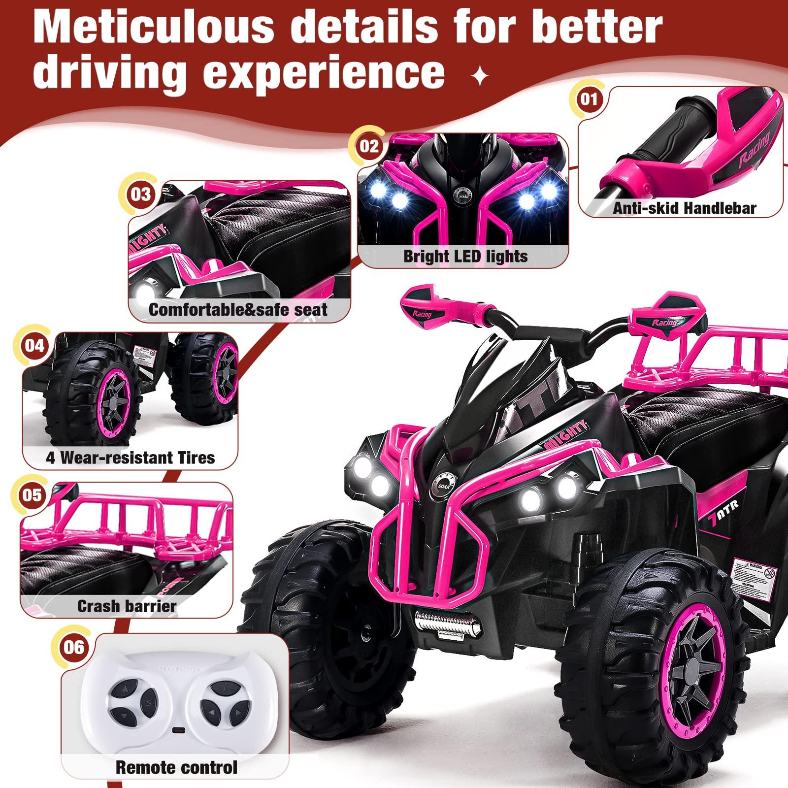 SOAR Soar Remote Control Four Wheeler for Kids - Electirc Toddler 4 Wheeler for Kids 3-6, Ride on ATV 12v Battery Powered, Kids Quad with LED Lights, Music, High Low Speed, USB/TF, Treaded Tires, Pink