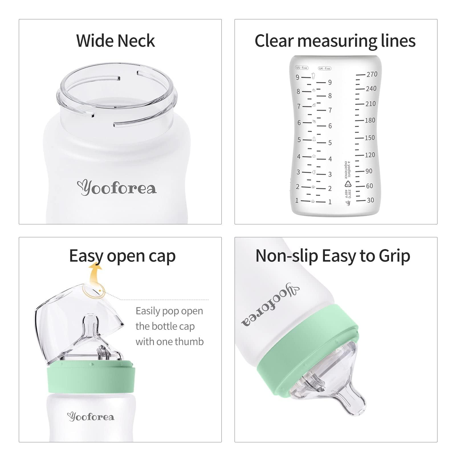 YOOFOREA Yooforea Silicone Coated Glass Baby Bottle, 6M+ Fast Flow Nipple I Anti-Colic, Wide Neck, Stable Base I Medical-Grade Silicone Coating for Shatter Protection, BPA BPS PVC Free (9 Ounce-Tea)