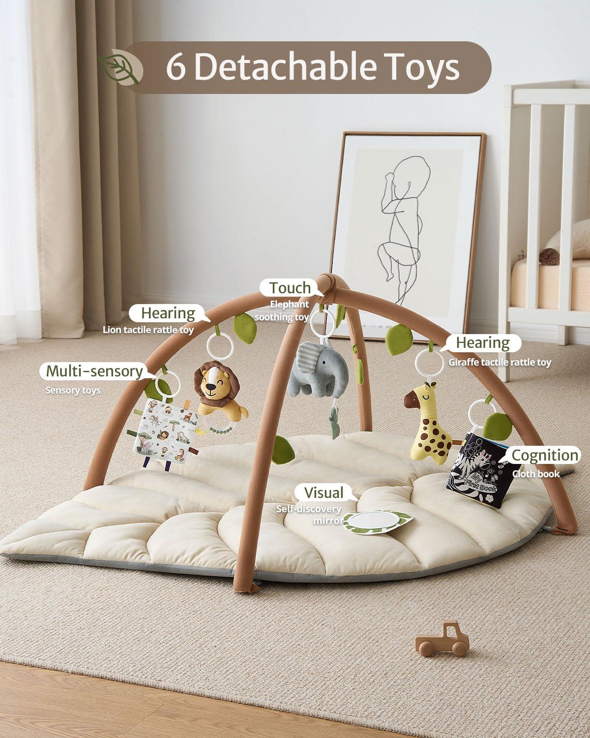 Blissful Diary Blissful Diary Baby Play Gym & Activity Mat, Leaf Shaped Baby Tummy Time Play Mat with 6 Detachable Toys, Promotes Motor Skills & Sensory Development, Newborn Baby Essentials Gift, Oatmeal Beige