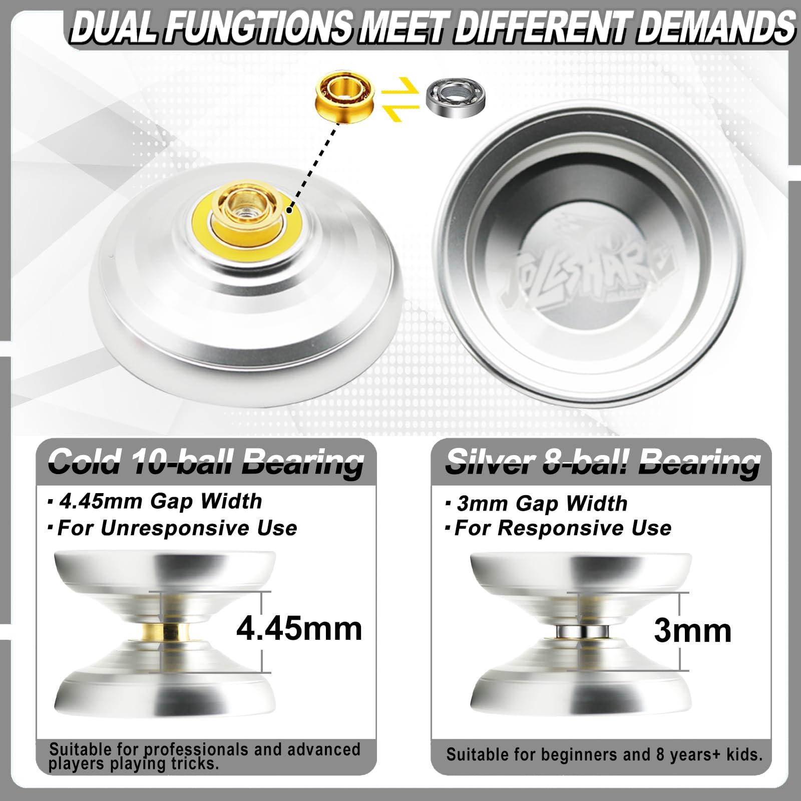 JOLESHARE JOLESHARE Professional Unresponsive Yoyo for Pros and Responsive Yoyos for Kids Beginners, Package Includes Replaceable Responsive Bearings, yo-yo Gloves, and 5 yo-yo Cords(Silver)