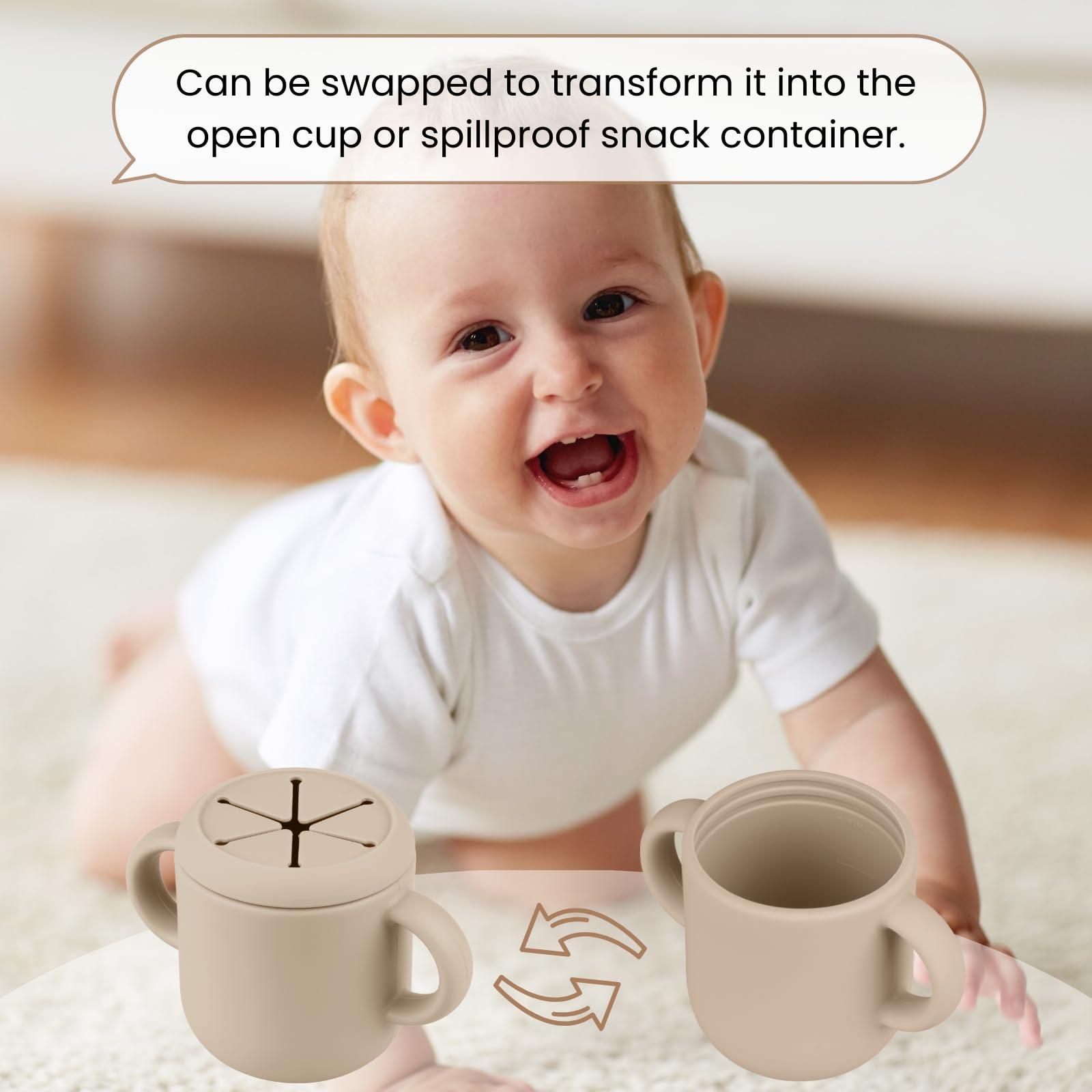 Mintlyfe Mintlyfe Snack Containers, Silicone Snack Cups for 6-12 Months Toddlers - Pack of 2 Food Grade Silicone Snack Cups with Grip Handle for Baby Led Weaning, Unbreakable (Sand/Natural)