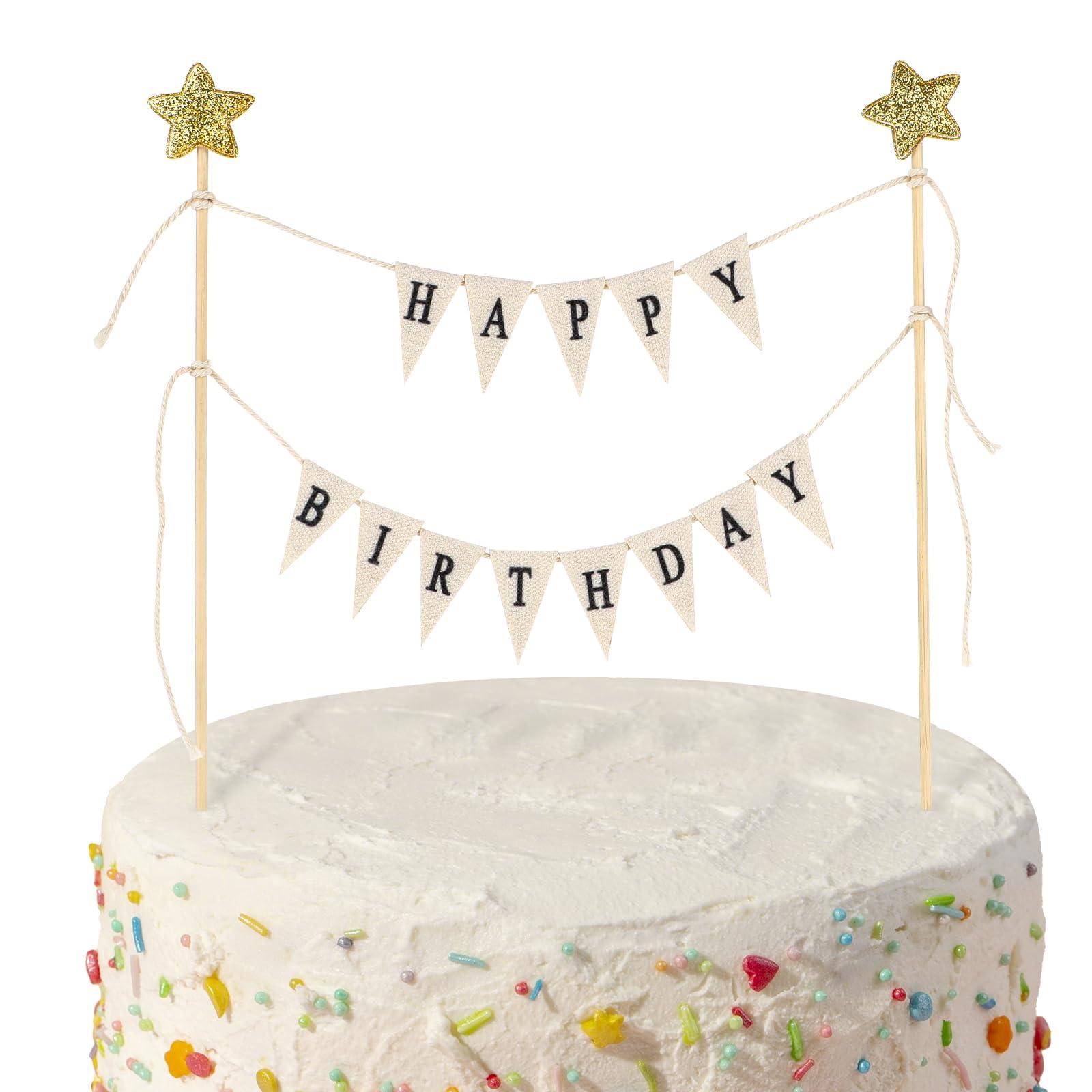 Aeaocvo Happy Birthday Cake Banner Personalized Birthday Cake Toppers, Handmade Linen Pennant Flags with 7.9 in Bamboo Polls, Birthday Party Decoration Supplies for Cakes Cupcakes