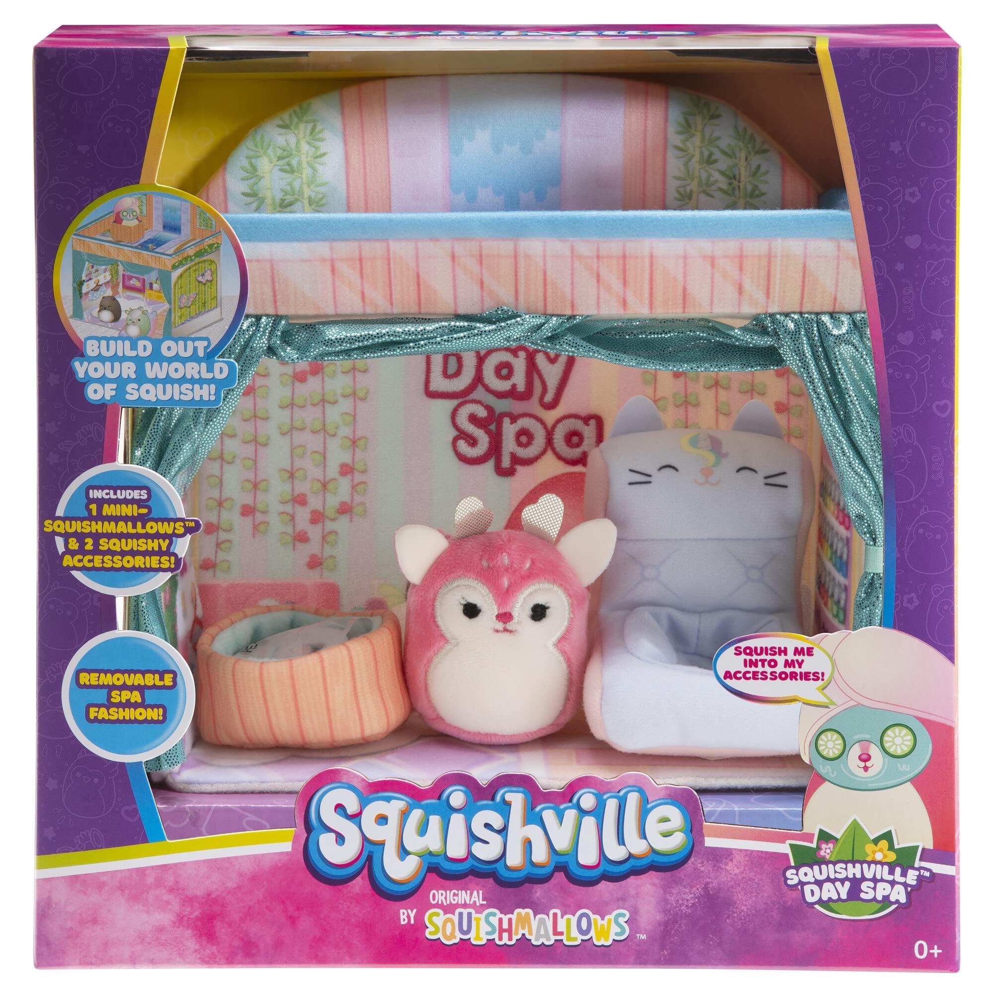 Squishville Squishville by Original Squishmallows Deluxe Day Spa Playscene - Include 2-Inch Duchess The Pink Deer, Towel Wrap, Face Mask, Basin & Lounge Chair - Toys for Kids