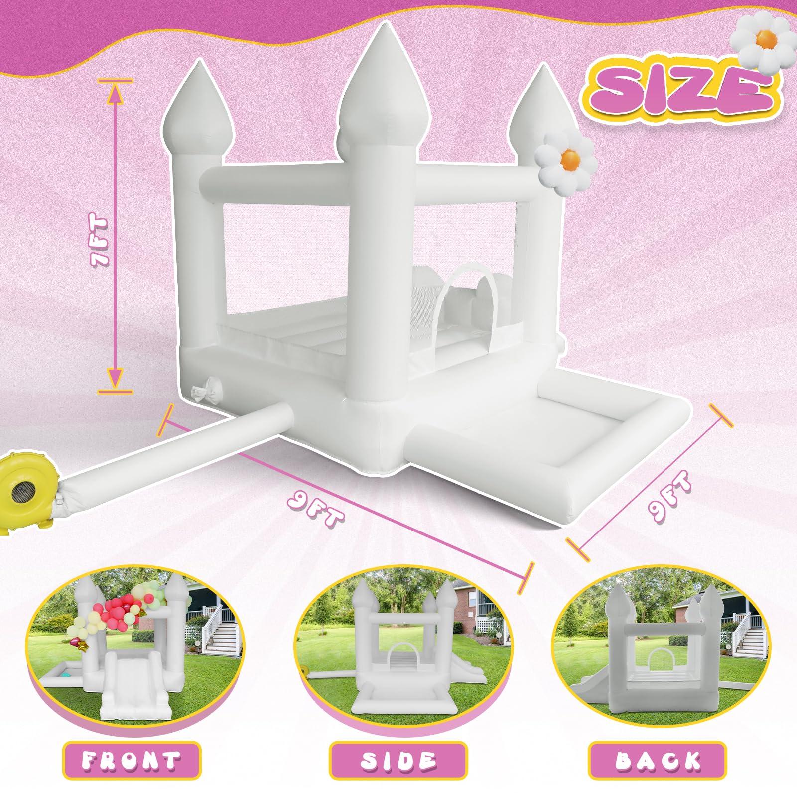 AKSPORT AKSPORT White Bounce House Castle Inflatable Jumping Castle with Slide & Air Blower for Kid, Wedding, Birthday Party Castle, 9 * 9 * 7FT