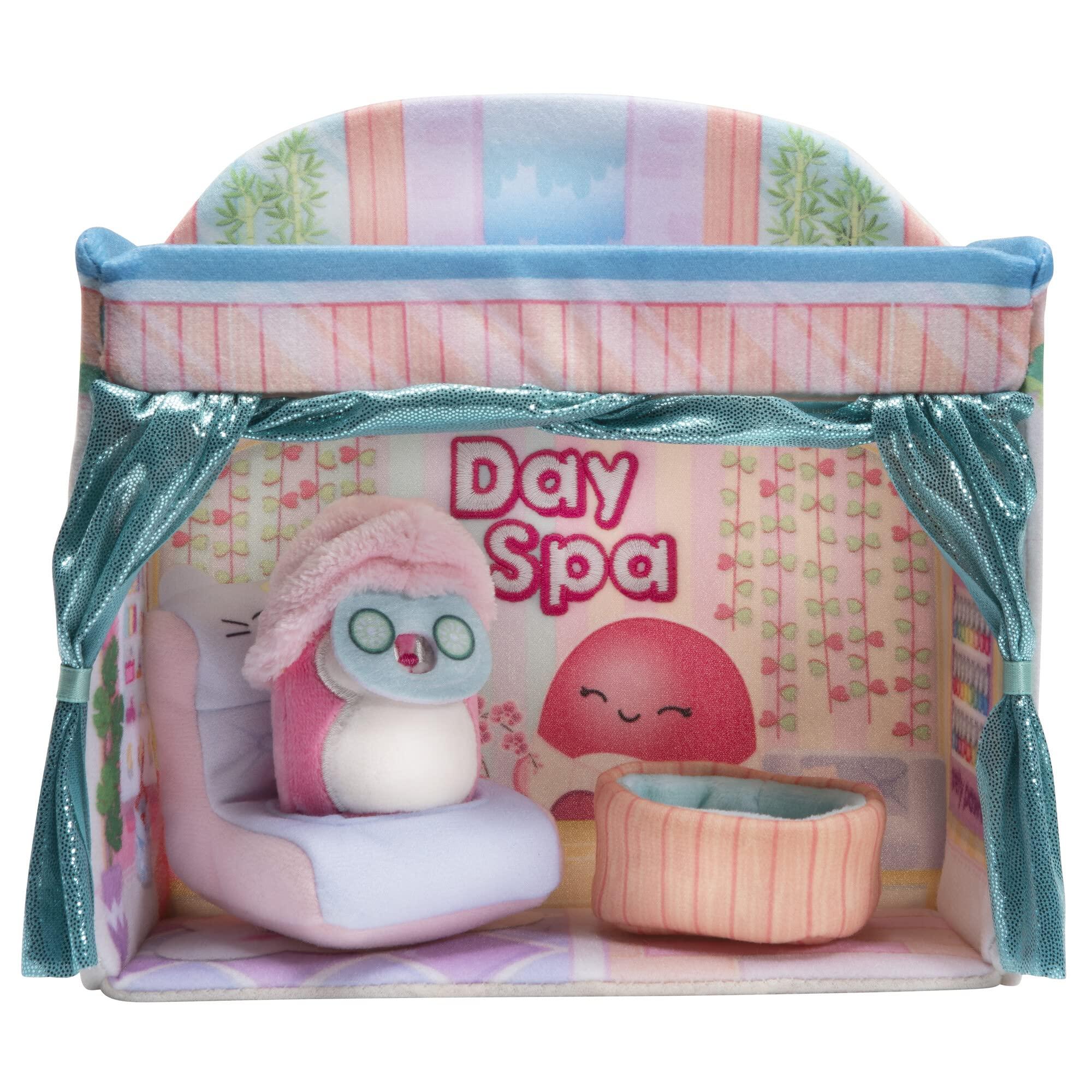 Squishville Squishville by Original Squishmallows Deluxe Day Spa Playscene - Include 2-Inch Duchess The Pink Deer, Towel Wrap, Face Mask, Basin & Lounge Chair - Toys for Kids