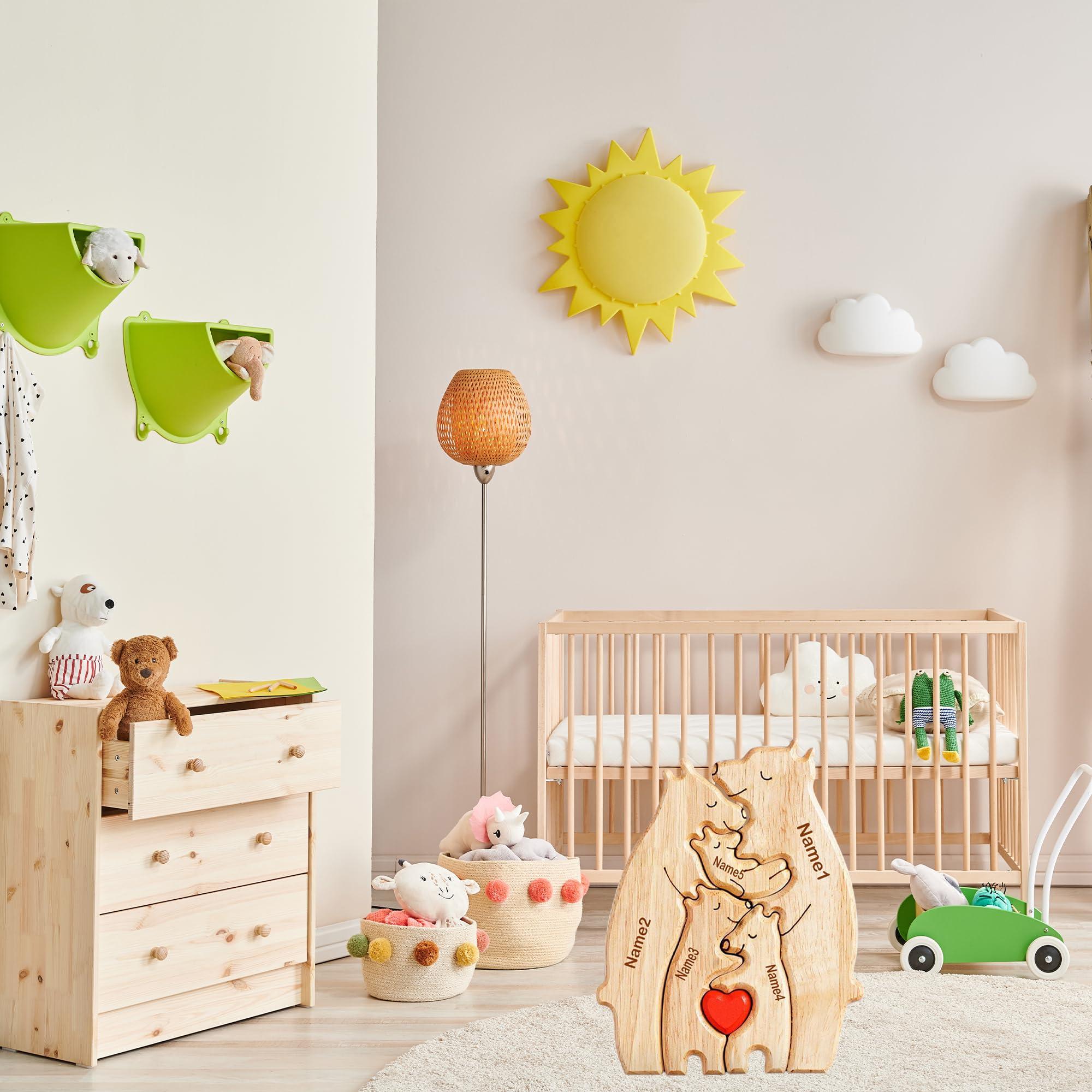 WHIMCHOIT Personalized Wooden Bear Puzzle with 3-5 Family Name Custom Family Name Sculpture Customized Family Name Sign Gifts Wooden Animal Family Puzzle for Home Decor and Anniversary Birthday Mom Dad Gifts