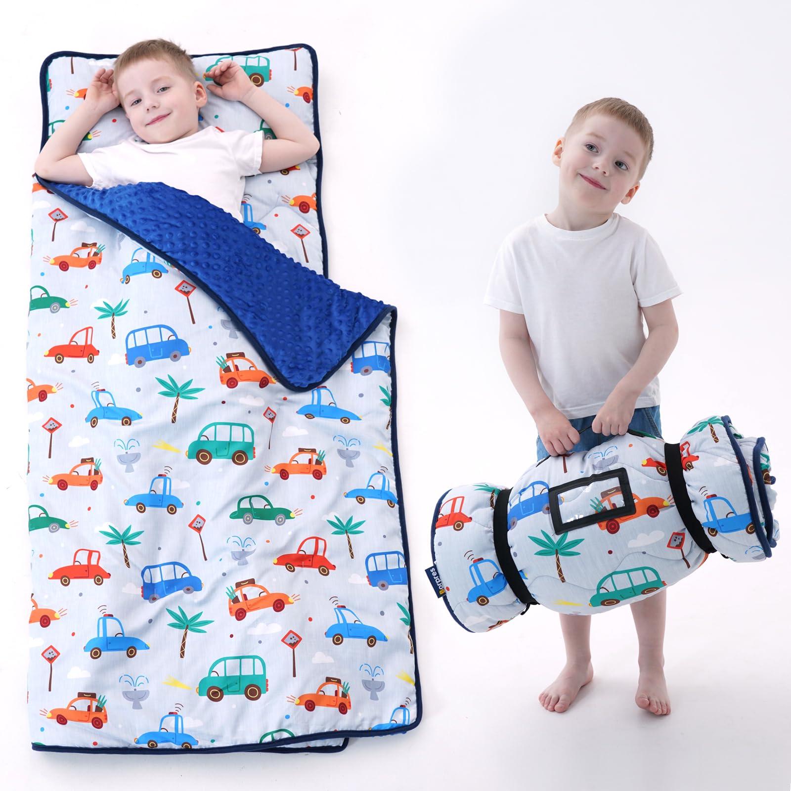 BORPRES Nap Mat with Pillow Blanket Set: Cars Sleeping Mats for Toddler Kids - Thick Large Roll up Slumber Bag for Daycare Preschool Kindergarten Boys Girls