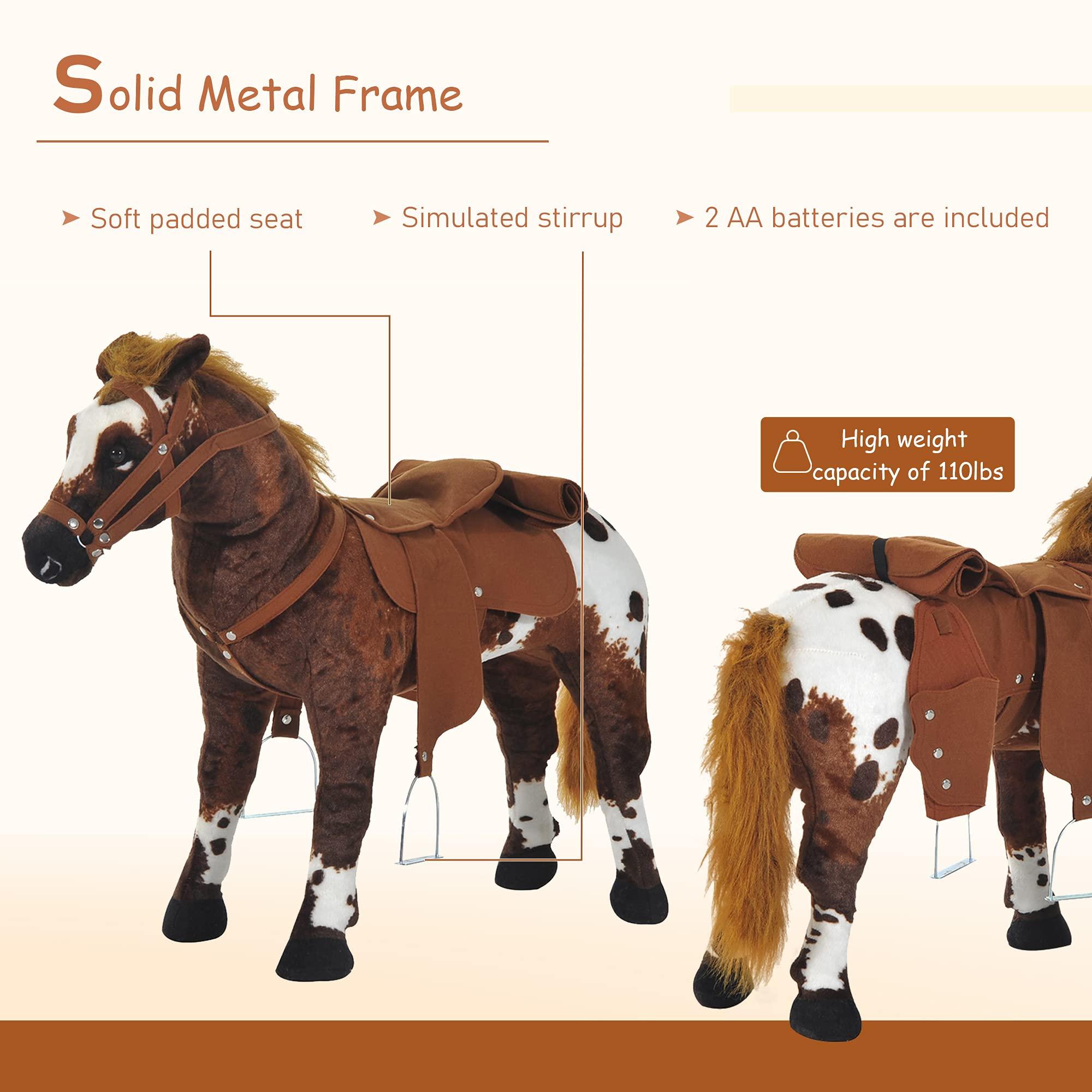 Qaba Qaba Sound-Making Ride On Horse for Toddlers 3-5, with Neighing and Galloping Sound, Stuffed Animal Horse Toy for Kids with Padding, Soft Feel, Brown