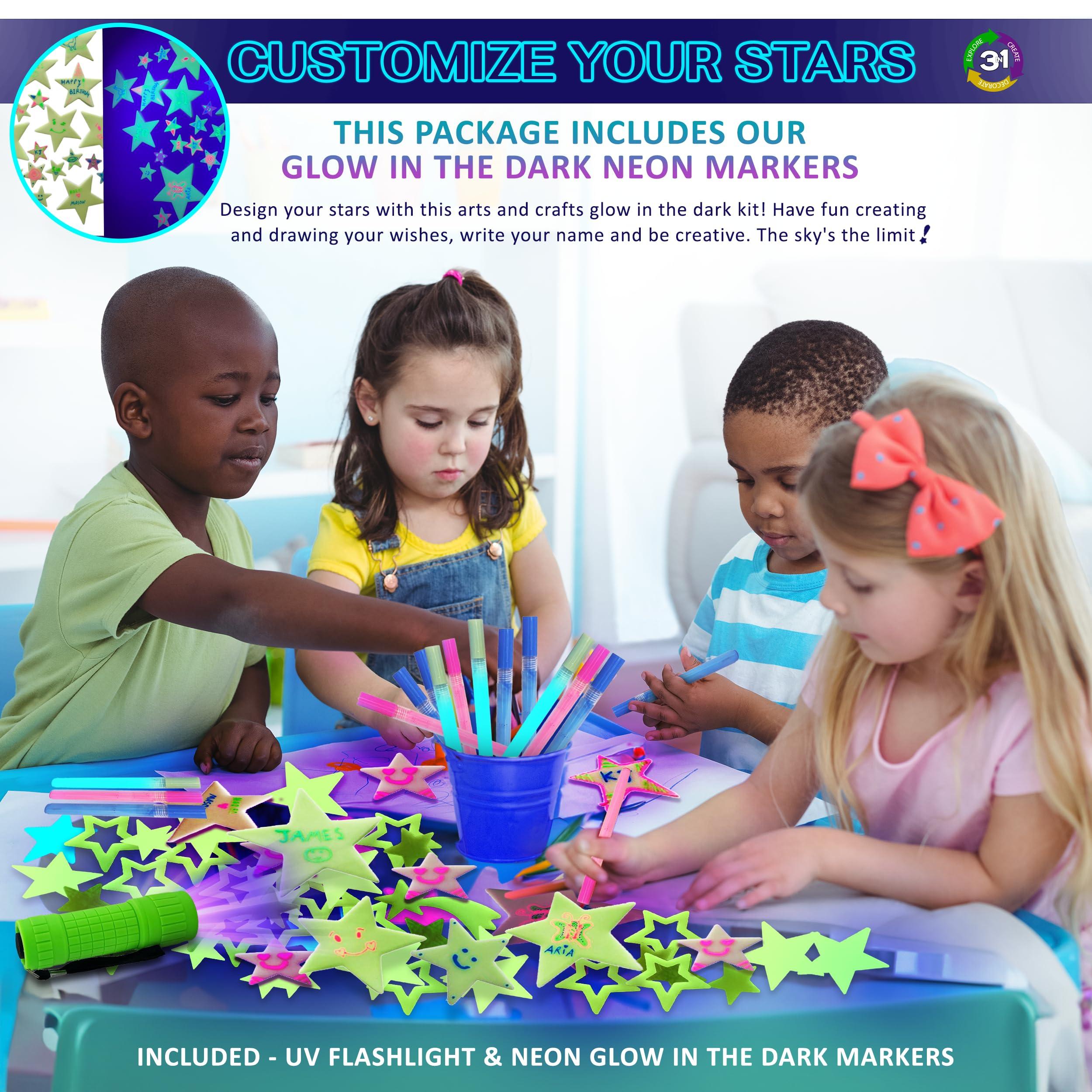 Birth Core Glow in The Dark Stars for Ceiling, Kids Room Decor, 3-in-1 Set, UV Flashlight Blacklight, Neon Glow Markers, Arts and Crafts for Kids, Glow in The Dark Stickers, Wall Decor. 200 Stars and Moon