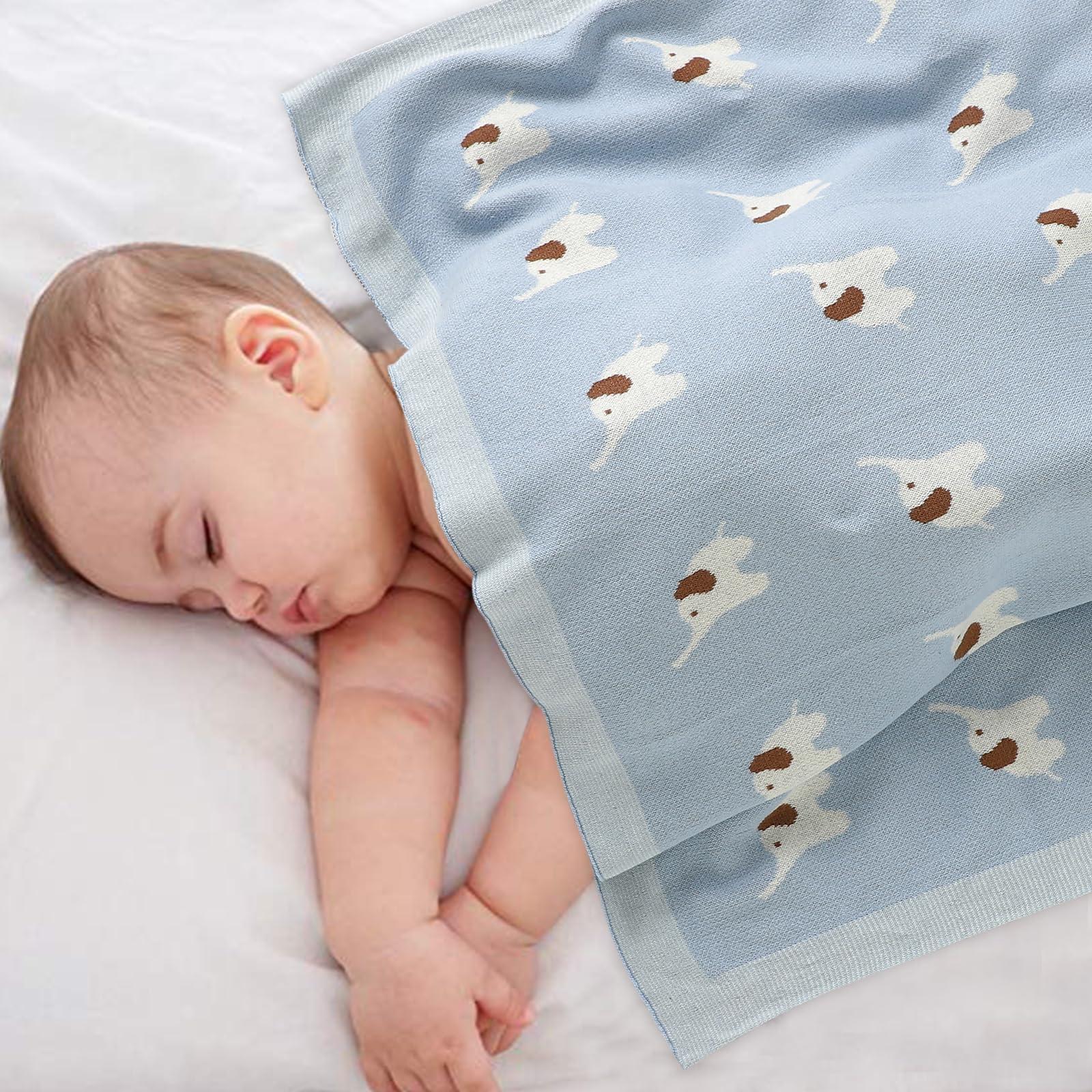 Hadetoto Hadetoto 100% Cotton Baby Blanket Knit Soft Cozy Swaddle Receiving Blankets Toddler Infant Blanket with Lovely Elephant for Newborn Boy Girls - Light Blue, 90 x 70cm