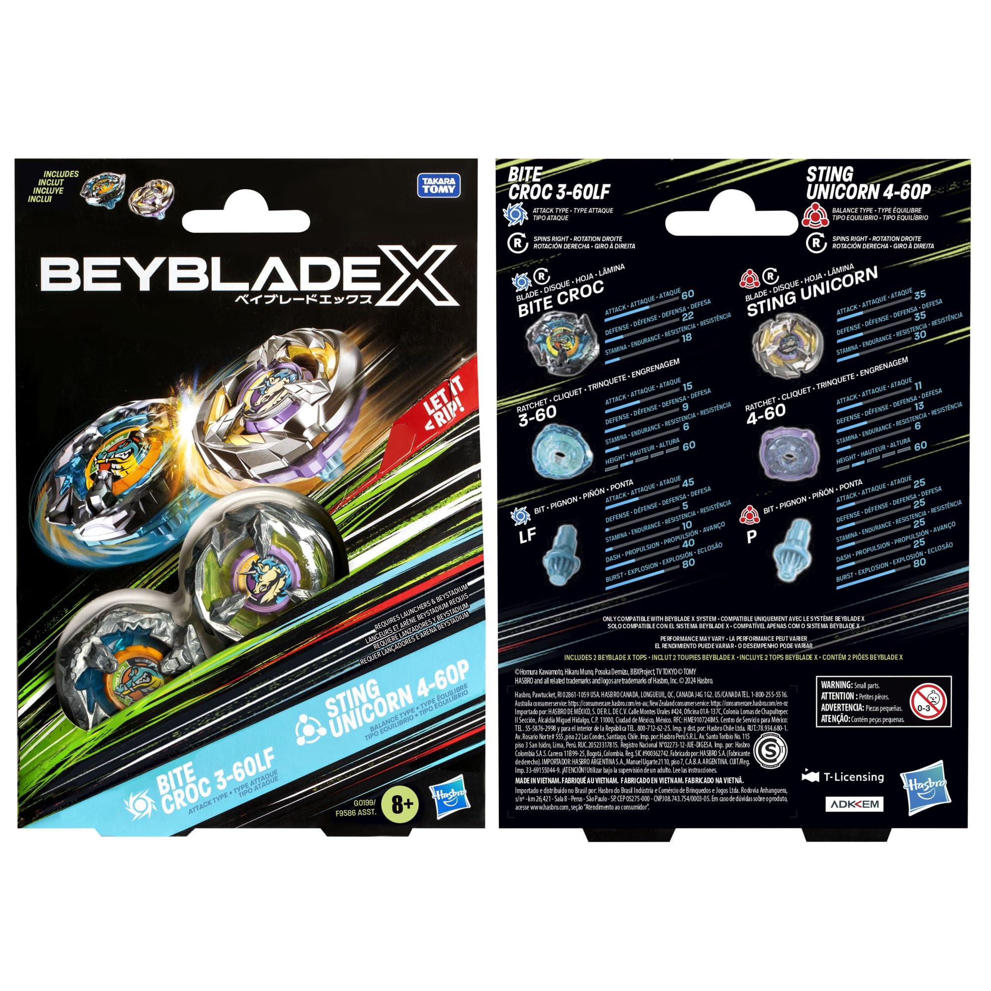 Beyblade Beyblade X Bite Croc 3-60LF and Sting Unicorn 4-60P Dual Pack Set with 2 Right-Spinning Tops; Battling Top Toys for 8 Year Old Boys and Girls