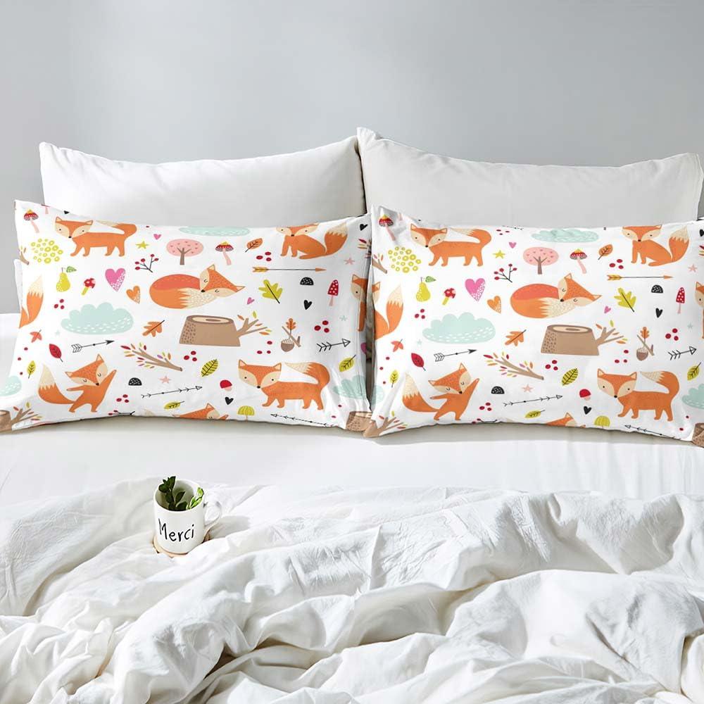 LUVIVIHOME LUVIVIHOME 3PCS Cute Fox Bedding, White Duvet Cover Full, Baby Girls Boys Toddler Kids Bedding, Cartoon Woodland Animals Wildlife Fox Comforter Bedspread Quilt Cover, Cute Room Decor, 2 Pillow Shams