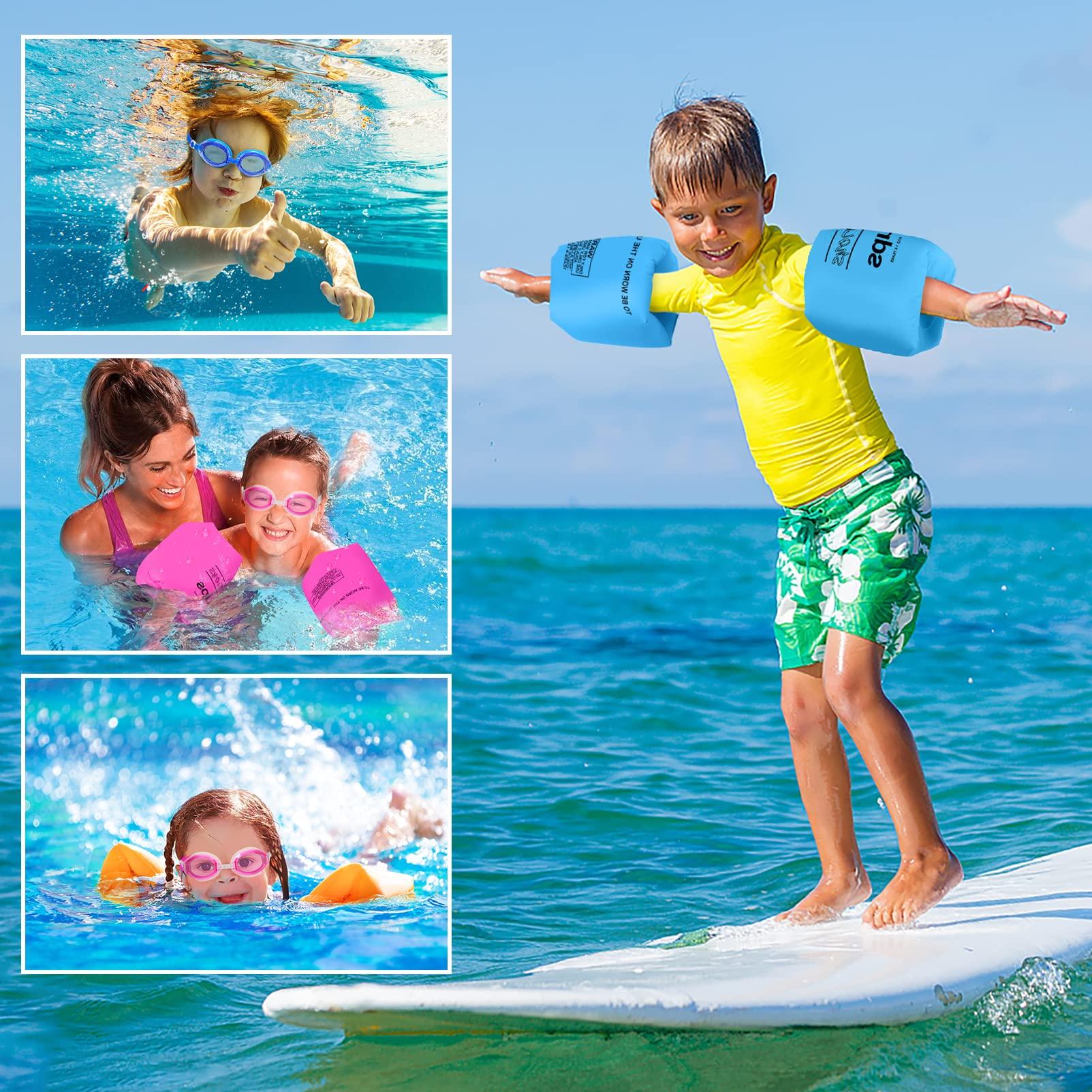 Korlon Tec Arm Floaties for Kids 6-12yrs, PVC Arm Floaties Inflatable Swim Arm Bands Floater Sleeves Swimming Rings and Swimming Goggles Kids Floaties for Pool 6 Pack (Blue)