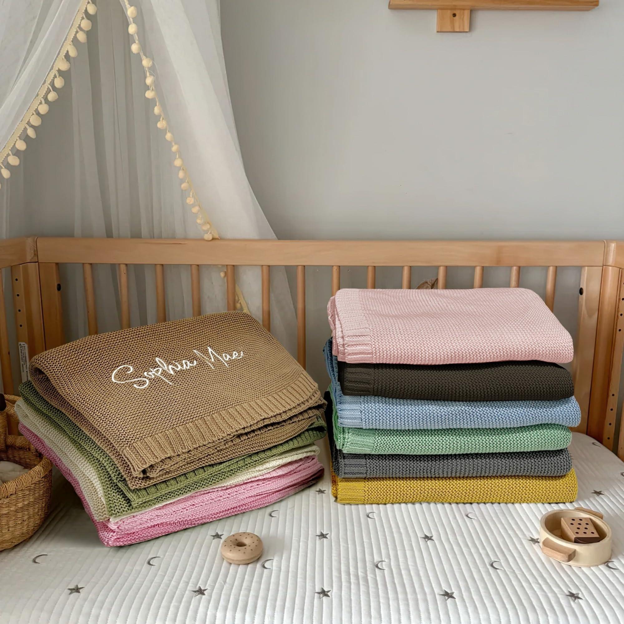 Gypsophila Personalized Baby Blanket, Custom Knit Baby Blanket with Embroidery Name, Customized Soft Knitted Baby Newborn Blanket Embroidery Patterns, Personalized Newborn Baby Gifts for Boy/Girl