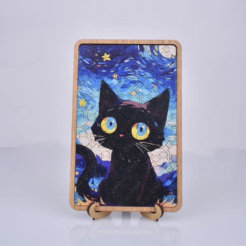 Yiduomile Yiduomile Nebula Night Cat Starry Night Cat Wooden Jigsaw Puzzle - Cat Pattern, Plywood Puzzle Toy, Challenging Intellectual Game, Art Home Decoration 6.61 * 4.4in