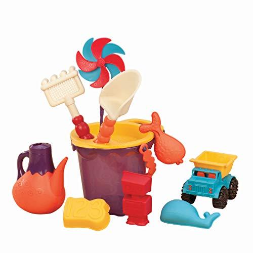 Branford LTD B. toys B. Ready Beach Bag Water Play- Beach Tote with Mesh Panel and 11 Funky Sand Toys 18 m+, Purple Bucket