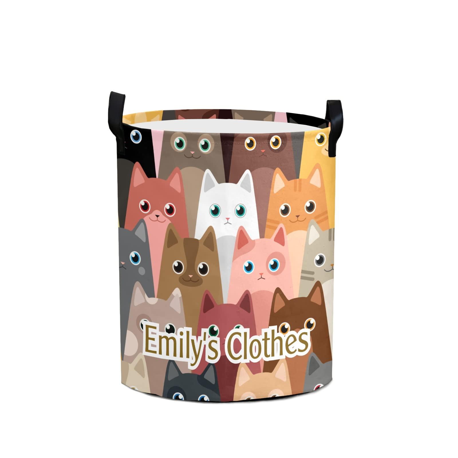 Grandkli Cartoon Cat Personalized Freestanding Laundry Hamper, Custom Waterproof Collapsible Drawstring Basket Storage Bins with Handle for Clothes
