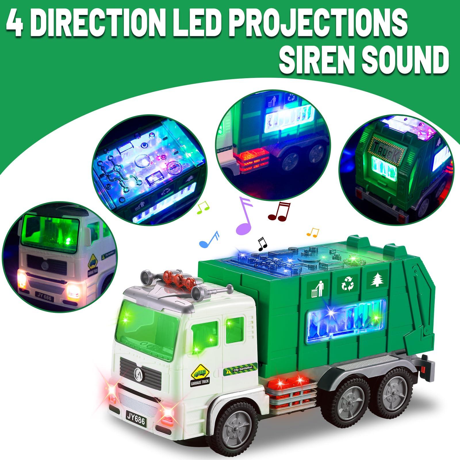 Ynanimery Toy Garbage Truck & Fire Truck & Construction Excavator Toys & Container Truck Toy Cars for Toddlers Boys 1-3 4-7 Birthday Gifts, Truck Car Toys with 4D Lights & Music- Automatic Bump Go Garbage Truck