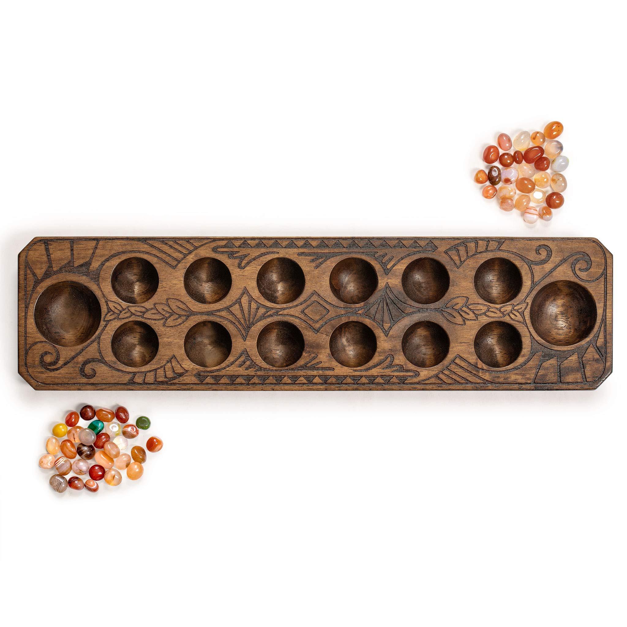 Yellow Mountain Imports Yellow Mountain Imports Mancala Set with 17.3-Inch Solid Wood Board and Quartz Pebble Playing Pieces