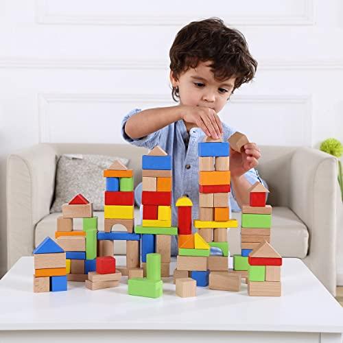 Pidoko Kids Pidoko Kids Wooden Blocks - 100 Pcs - Building Blocks for Toddlers - Includes Storage Container with Shape Sorter Top - Hardwood Plain & Colored Wood Blocks - Preschool Block Learning Toys
