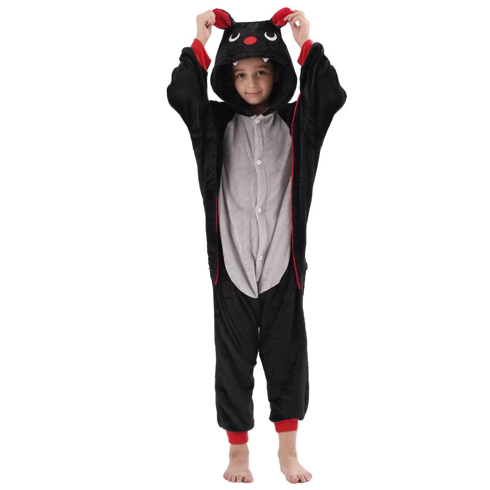 LOBUJOU LOBUJOU Kids Onesie Costume for Boys Girls Halloween Animal Cosplay One Piece Flannel Hooded Black Bat M
