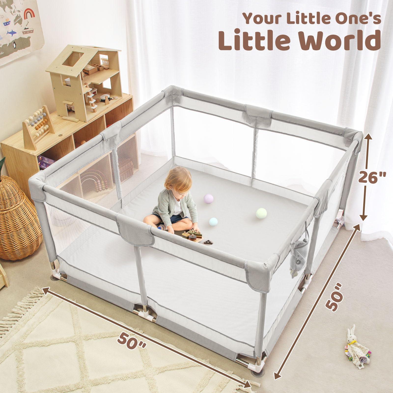 Beavtaens Baby Playpen, 50x50 Inch Playpens for Babies and Toddlers, Play Pen with Carrying Bag, Play Yard for Indoor and Outdoor with Visible Mesh(Light Gray)