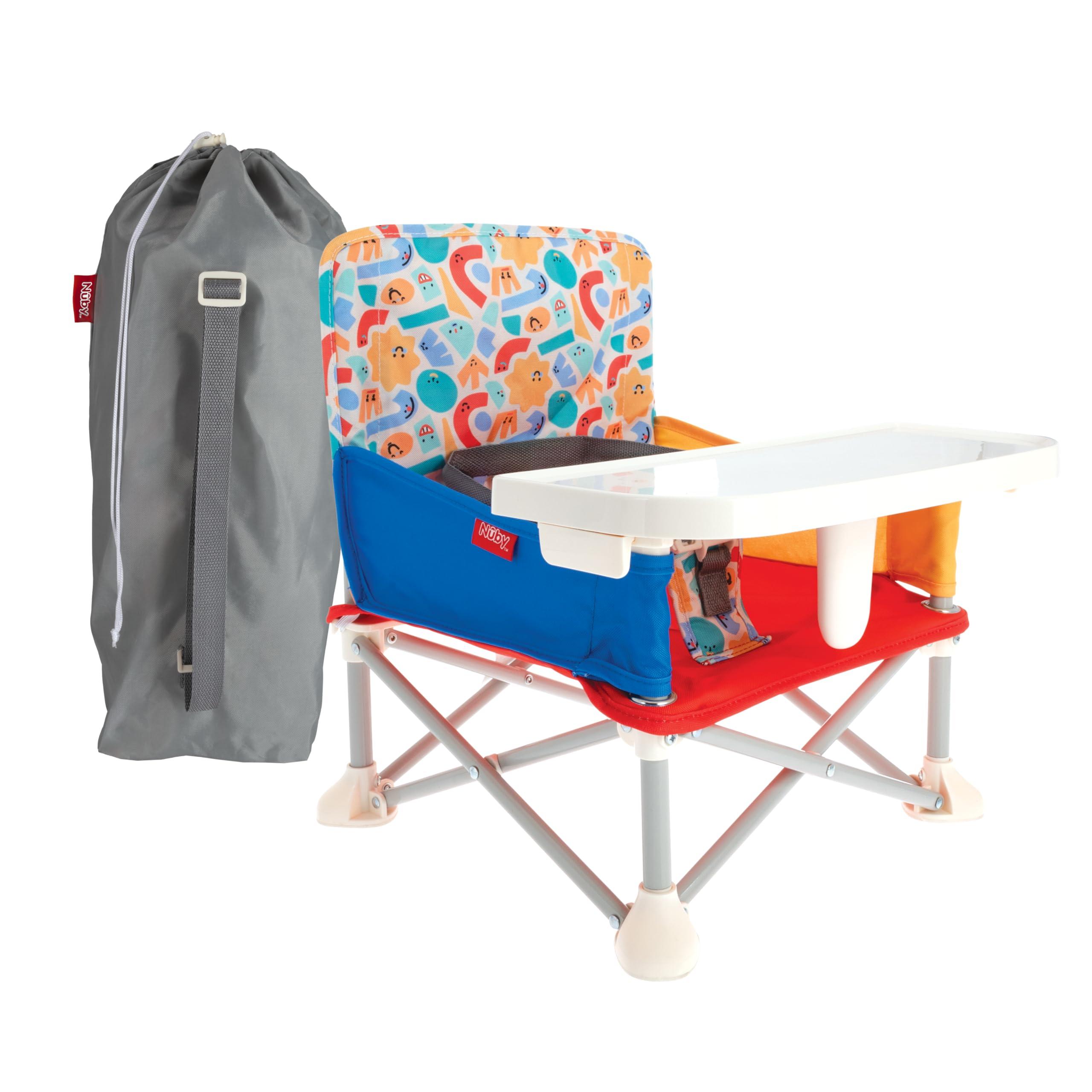 Nuby Nuby Easy Go Pop-Up Booster Seat with Removable Tray - 6+ Months - Portable Booster Seat for Floor for Indoor/Outdoor Use - 3-Point Safety Adjustable Straps - Includes Travel Bag - Fun Faces