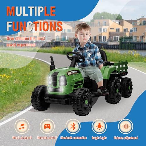 Feetice Tractor Toys, Ride on Tractor with Trailer, 24V 400W Powered Electric Tractor Remote Control, Music Bluetooth and USB Support, Electric Car for Kids, 3 Speed Adjustable, Two-Point Safety Belt, Green