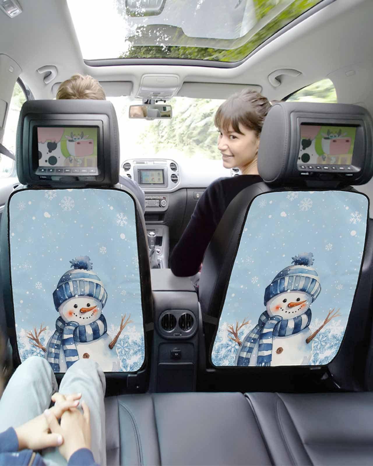 T&H XHome Car Seat Protector, 2 Pack Kick Mats with Organizer - 3 Pocket Storage, Blue Christmas Snowman Striped Cap and Scarf Snowflake Back Seat Cover for Kids Universal Fit Automotive Interior Protectors
