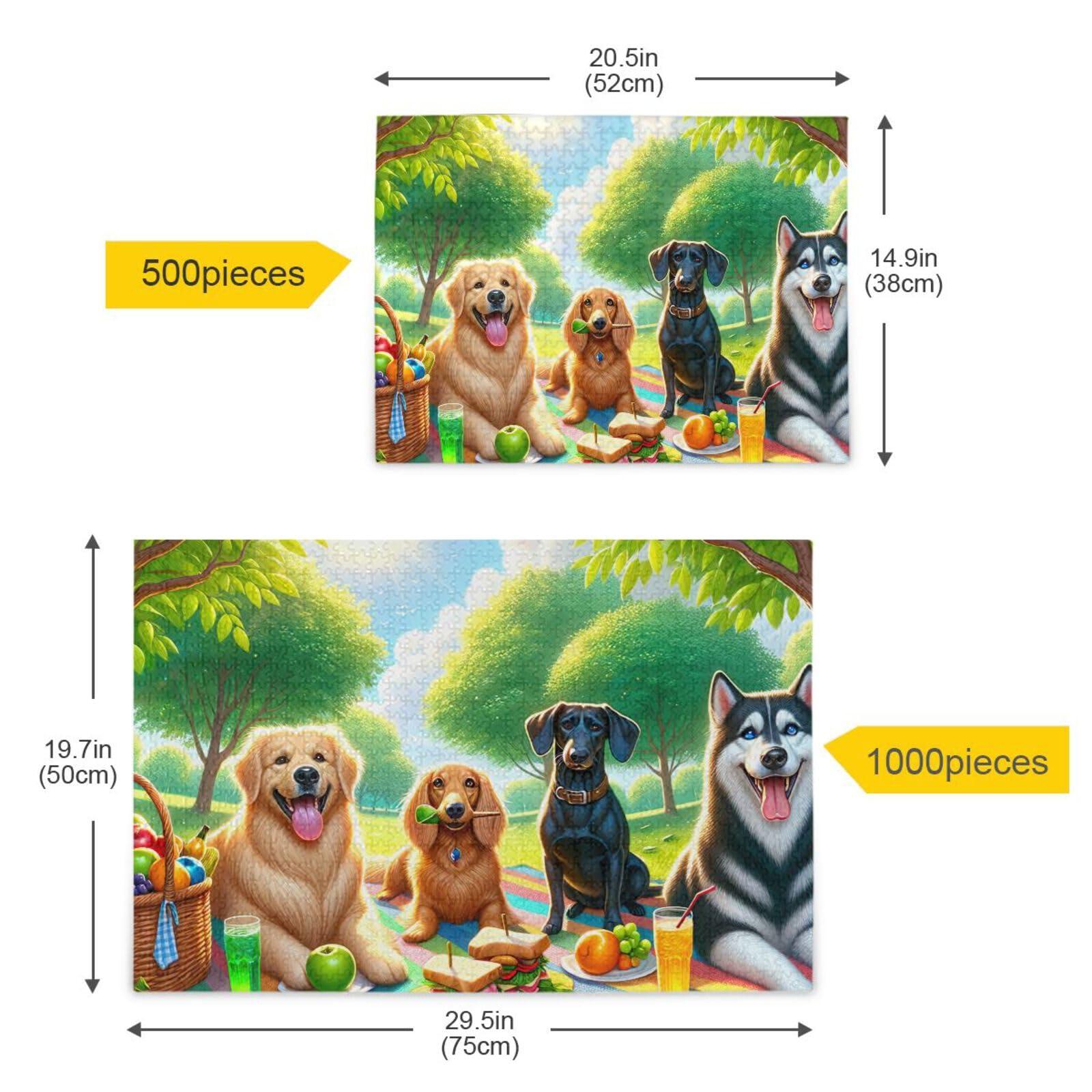TSENQUE 500 Piece Jigsaw Puzzle, Picnic Dogs Puzzle DIY Gift Jigsaw Puzzles with Mesh Storage Bag for Adults Teens, 20.5\" L X 14.9\" W
