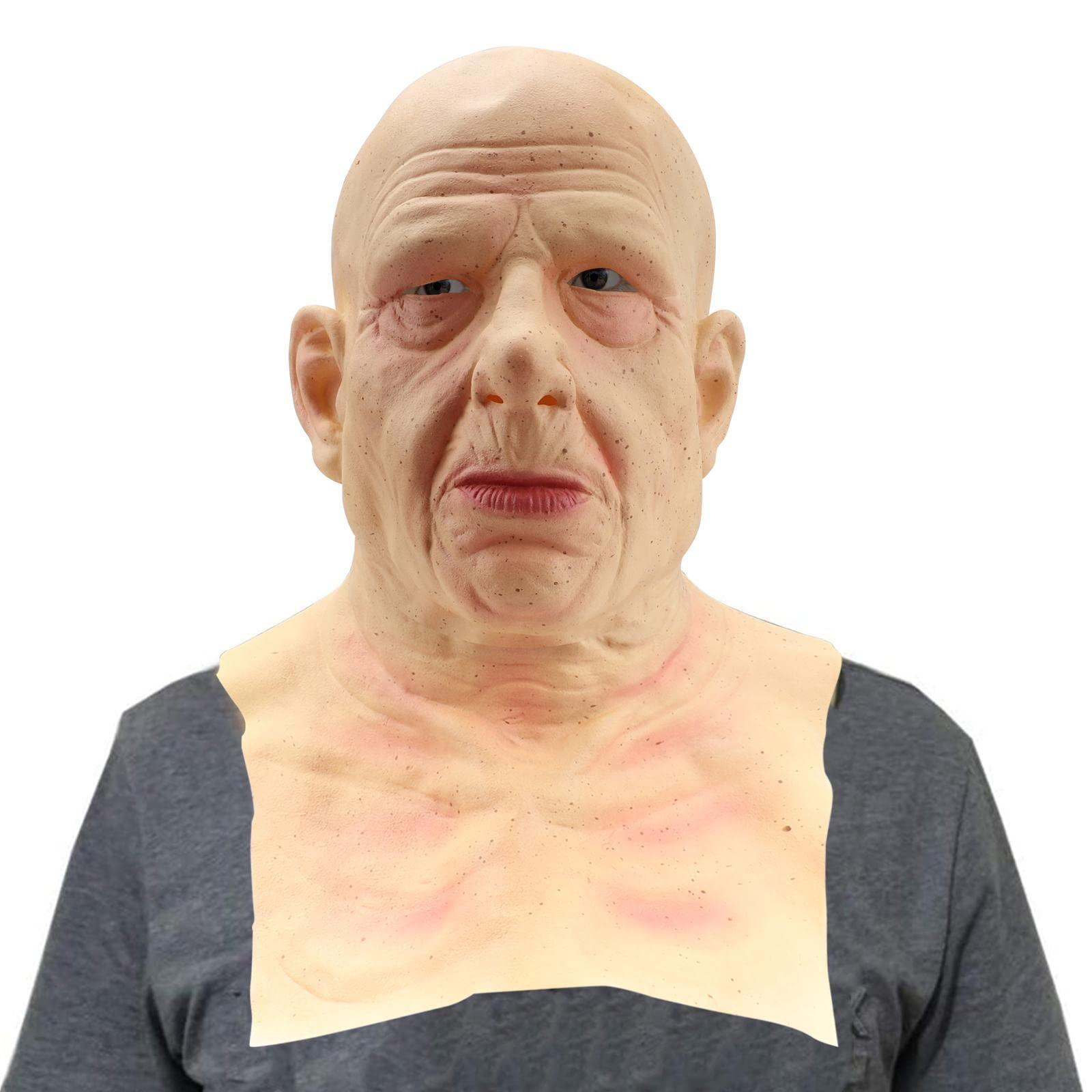 Mrisata Halloween Old Man Mask Realistic Bald Man Mask Wrinkle Full Mask Halloween Costume Props, Realistic Old Man Mask Headgear Halloween Party Latex Mask Elder Old Man Mask