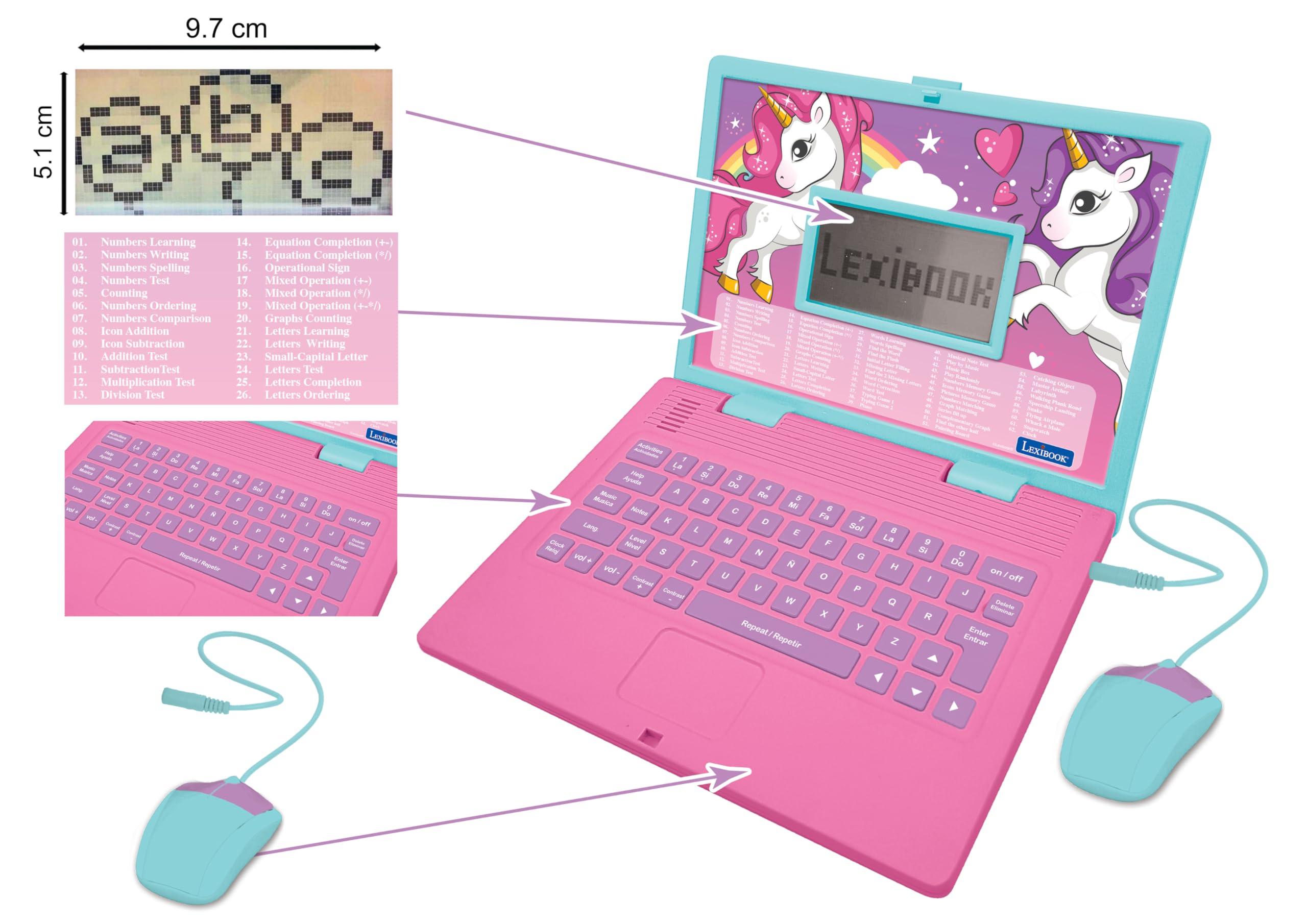 LEXiBOOK LEXiBOOK - Unicorn Educational and Bilingual Laptop Spanish/English - Toy for Children with 124 Activities to Learn Mathematics, Dactylography, Logic, Clock Reading, Play Games and Music - JC598UNIi2