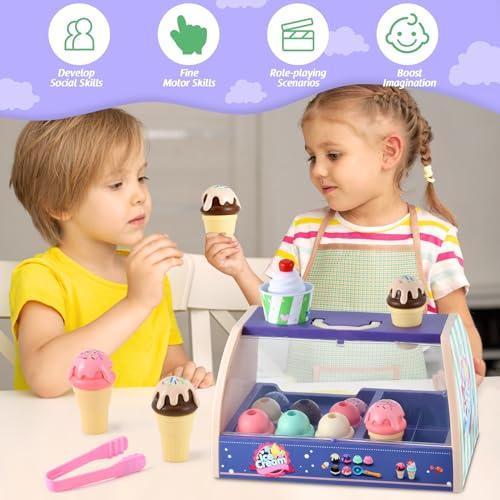 FRIEET Ice Cream Toys for Kids, Toddler Pretend Play Kitchen Food Accessories, Ice Cream Counter Playset, Pretend Food Toys for 3 4 5 6 Year Old Girls & Boys, Christmas Birthday Toys Gift for Kids