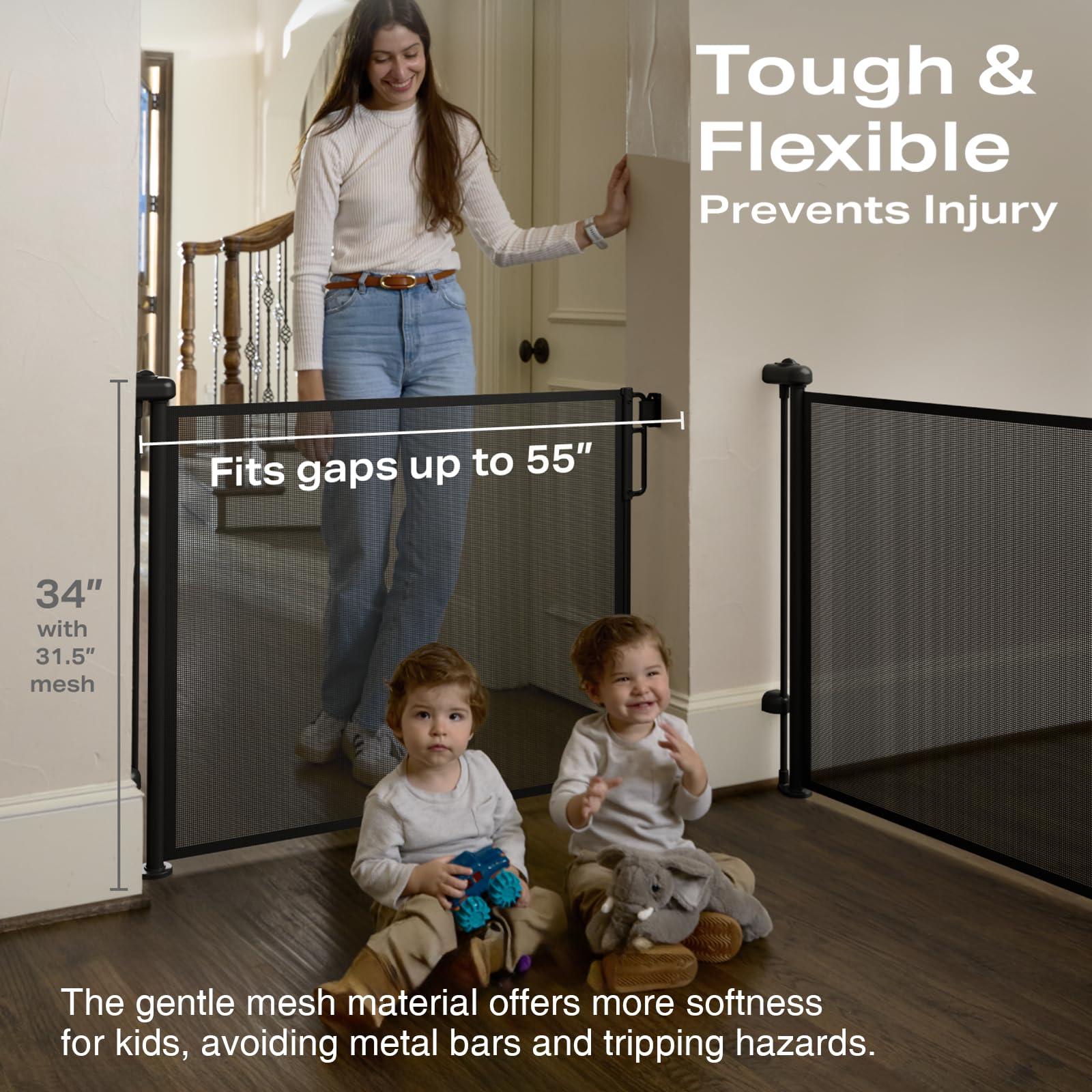 Cumbor Cumbor 2-Pack Retractable Baby Gates for Stairs,55" Wide Soft Mesh Baby Gate for Dogs with One Hand Opening, 34" Tall Toddler Gate with Child-Proof Top Lock for Bedroom,Indoor/Outdoor, Black