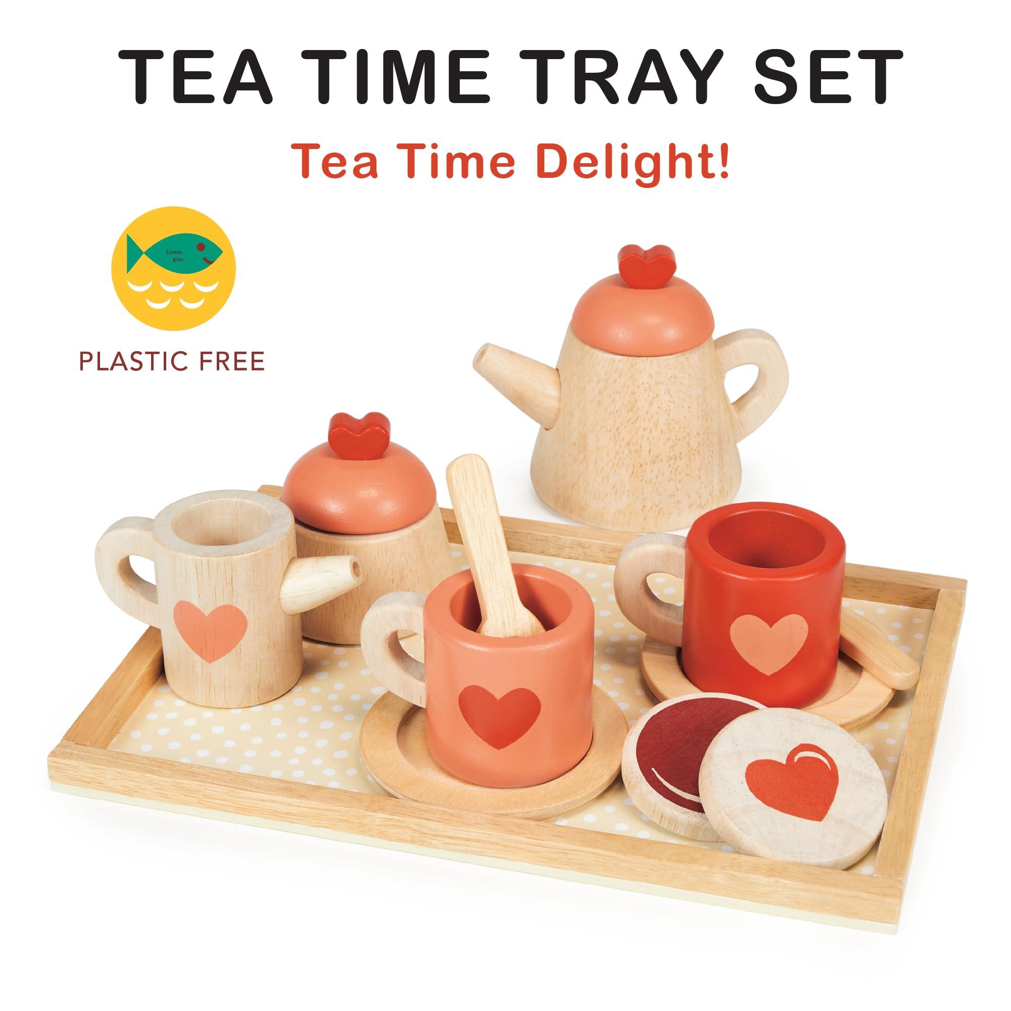 Mentari Mentari Toys - Tea Time Tray Set - Wooden Pink Teapot, Cups and Trays for Pretend Afternoon Tea Party - Social, Creative, and Imaginative Development - Learning Role Play - Age 3+