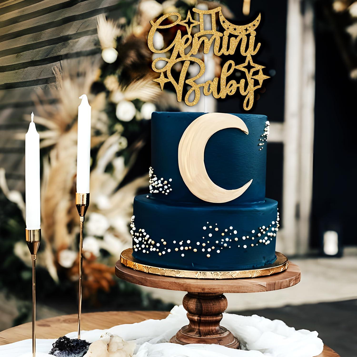 Tivurcia Gemini Baby Birthday Cake Topper - 12 Zodiac Gemini Season/Welcome Baby, Horoscope, Astrology Birthday/Baby Shower Party Decorations Supplies, Gold Glitter