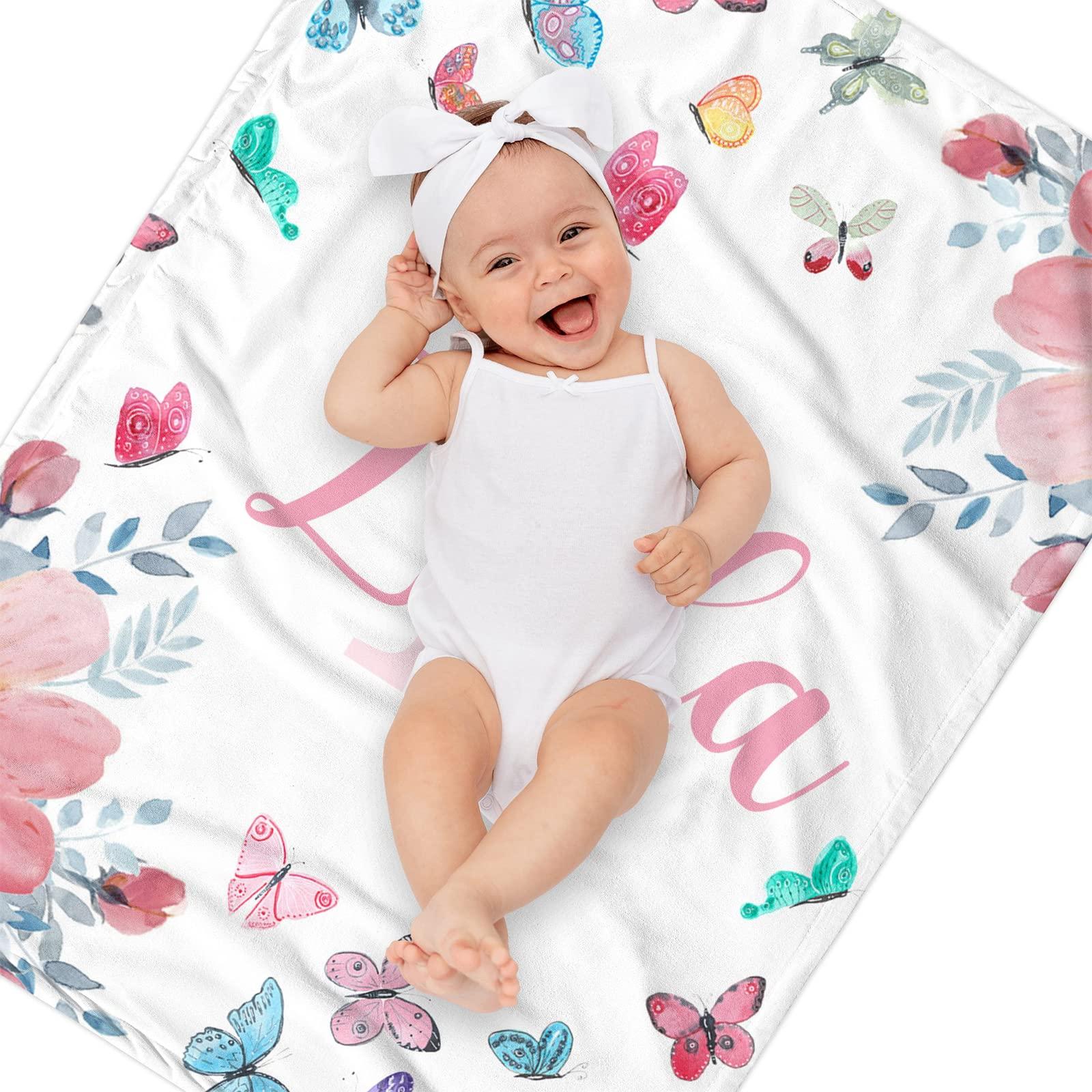 Noverbibi Personalized Floral Butterfly Baby Blanket with Name for Girls Boys - Custom Monogram Blankets with Floral for Kids Toddler - Customized Throw Blanket for Baby Adult - Soft Fleece Baby Blanket 40"x50"