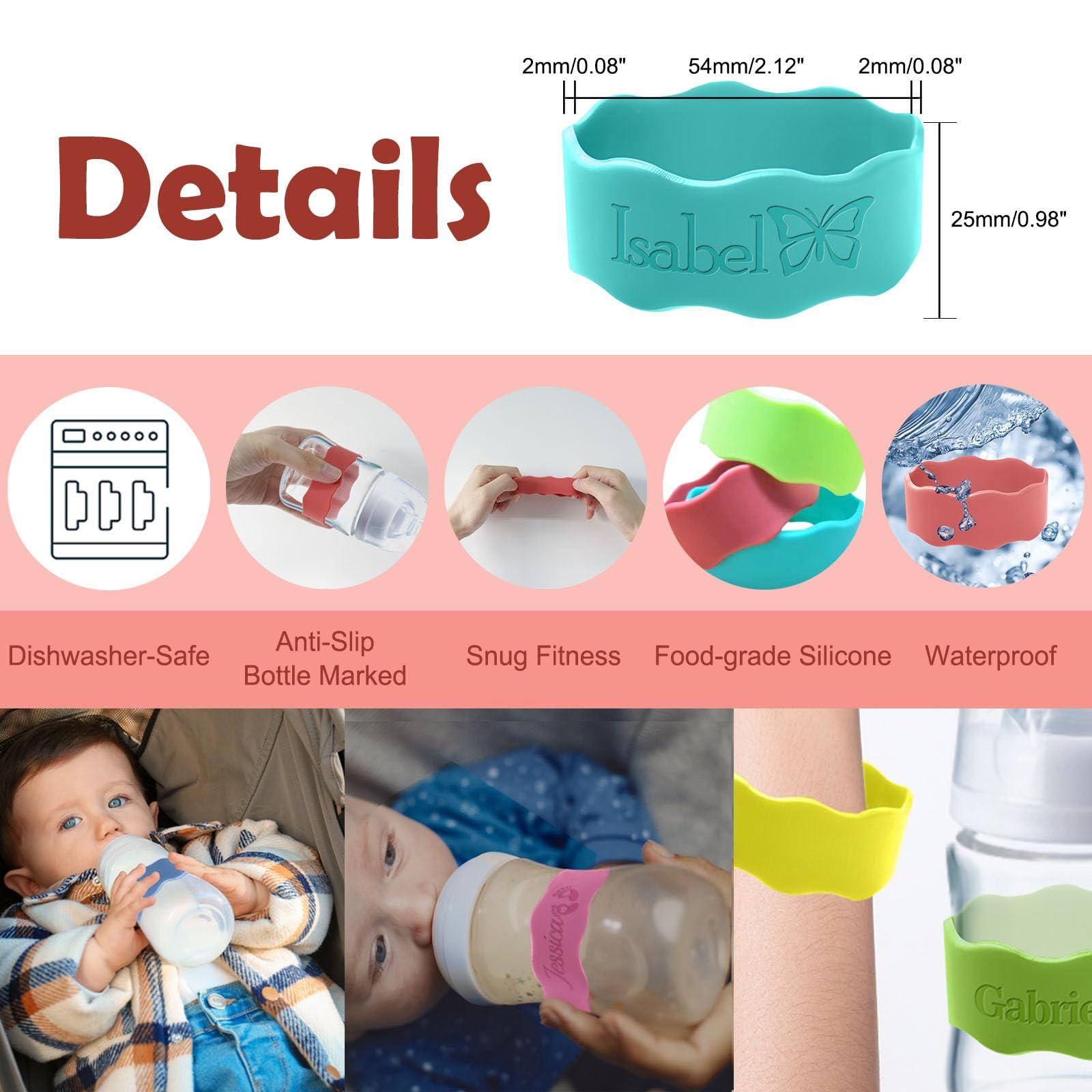 Yananka Custom Baby Bottle Labels Reusable Silicone Name Bands Personalized (up to 10Pcs) Waterproof Anti-Slip for Daycare Customized Newborn Girl Boy Kids Gift