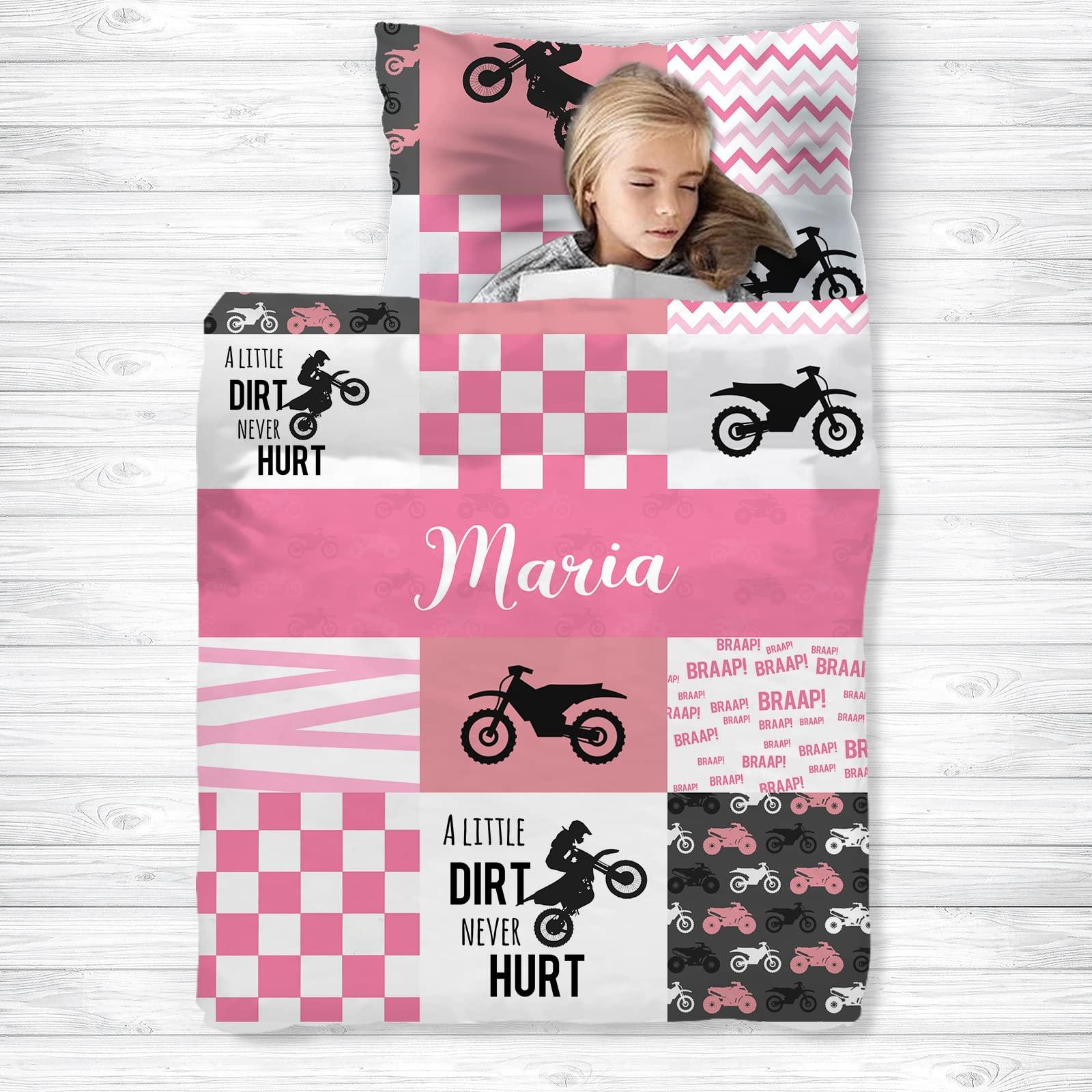 Naseagleeye Personalized Dirt Bike Pink Nap Mat Set with Name, Motocross Sleeping Bags for Girls, Customized Toddler Bed Mattress for Kids, Slumber Bags for Preschool, Daycare or Kindergarten, Toddler Sleep Sack
