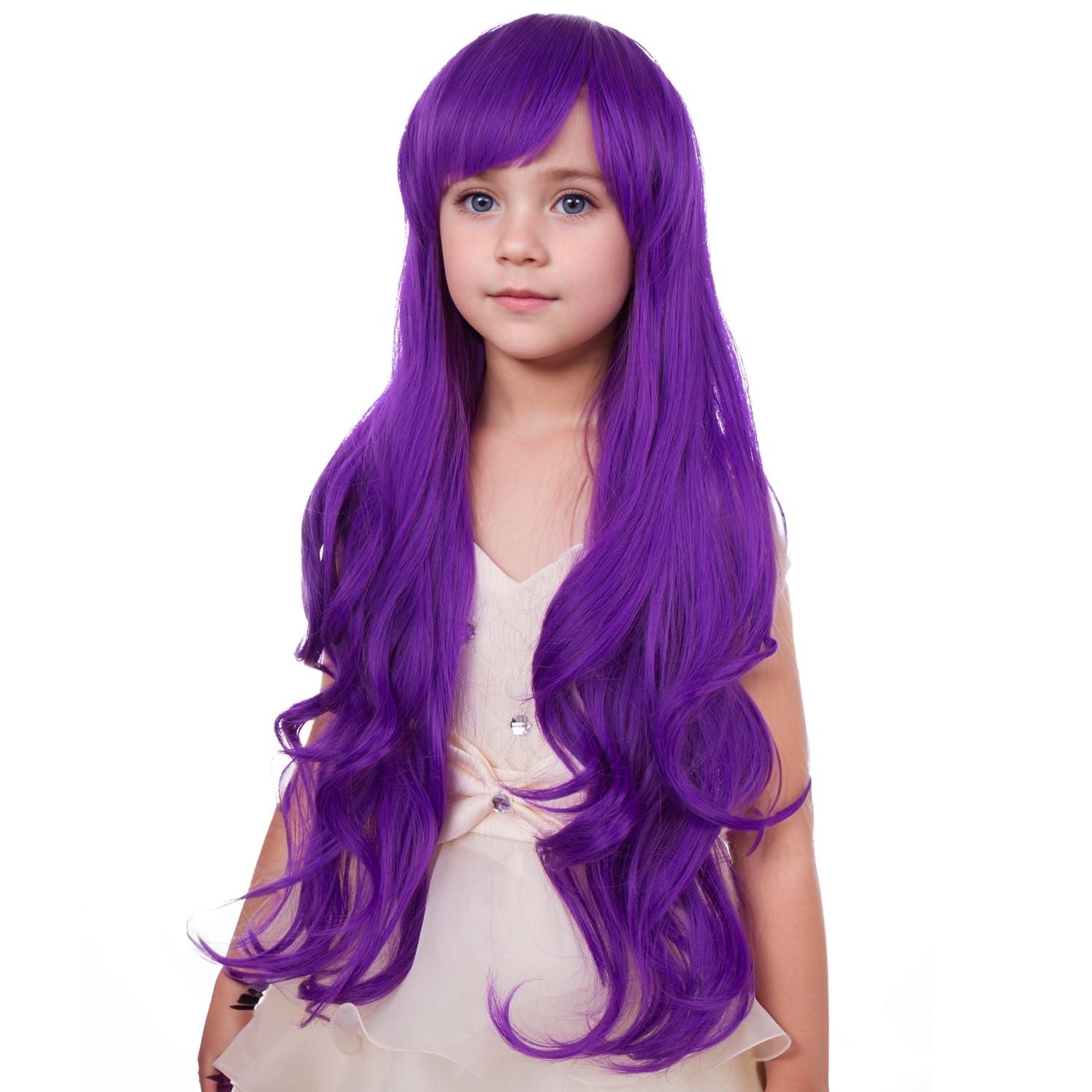 PATTNIUM PATTNIUM Kids Purple Wig Long Wavy Purple Wig with Bangs for Child Girls Dark Purle Synthetic Wig with Wig Cap