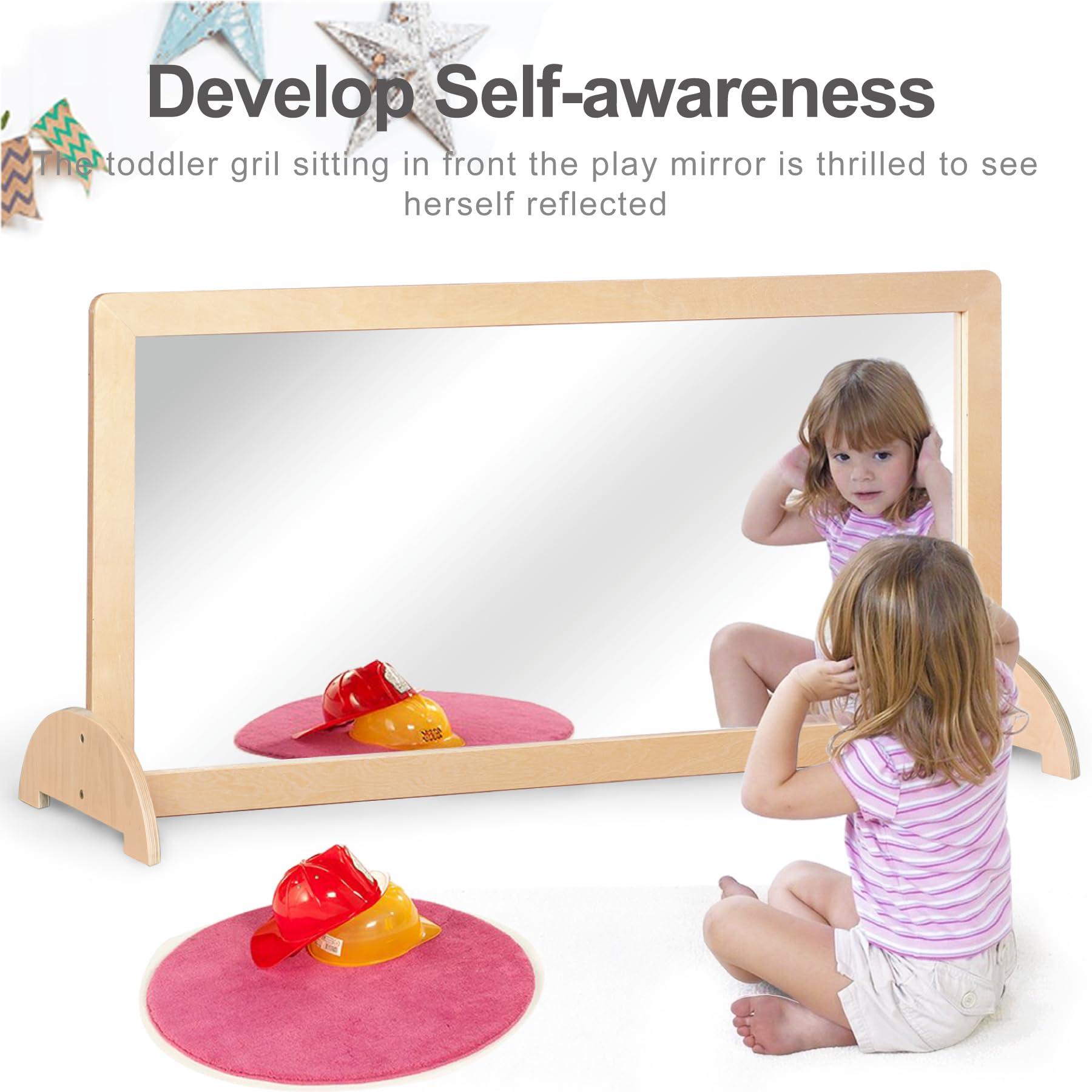 KRAND KRAND 3-Position Montessori Wood Frame Non-Shatter Safety Pull Up Bar Baby Big Mirror Set, Infant Coordination Mirror, Kids Classroom Furniture for Daycare, Homeschool or Preschool