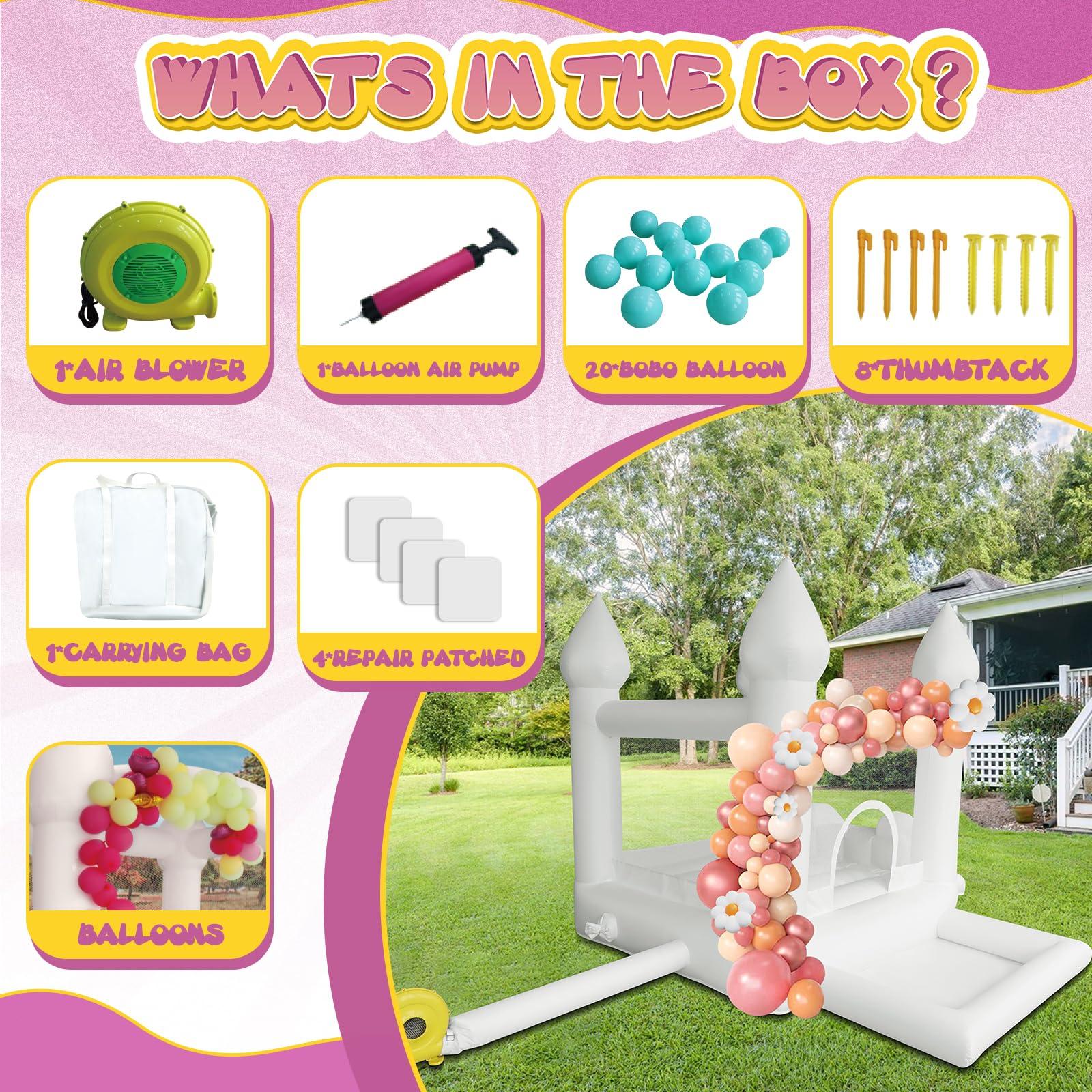 AKSPORT AKSPORT White Bounce House Castle Inflatable Jumping Castle with Slide & Air Blower for Kid, Wedding, Birthday Party Castle, 9 * 9 * 7FT