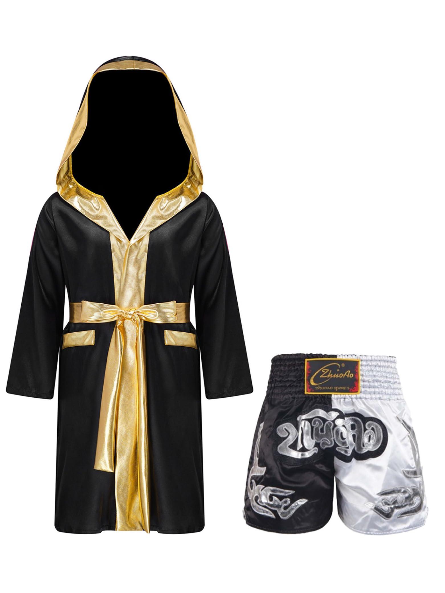Jugaoge Jugaoge Boys Boxing Costume Halloween Boxer Cosplay Fancy Dress Up Satin Boxing Robe with Belt and Shorts Black&White 8 Years