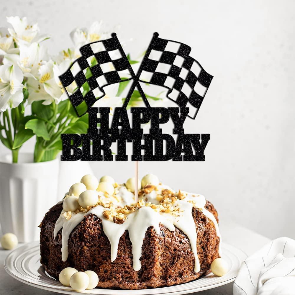 WRACKKIAR WRACKKIAR Race Car Cake Topper - Checkered Flag, Glitter, Happy Birthday Theme Cake Decor