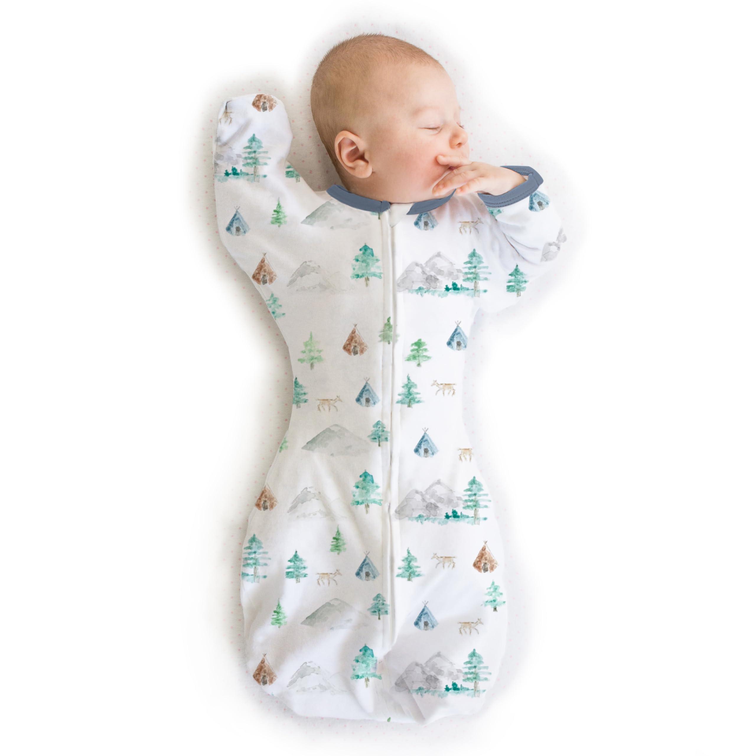 SwaddleDesigns SwaddleDesigns Transitional Swaddle Sack, Arms Up Half-Length Sleeves & Mitten Cuffs, Swaddle for Newborn Transition to Baby Sleep Sack Wearable Blanket, 6-9 mo, 21-24 lb, Watercolor Mountains & Trees