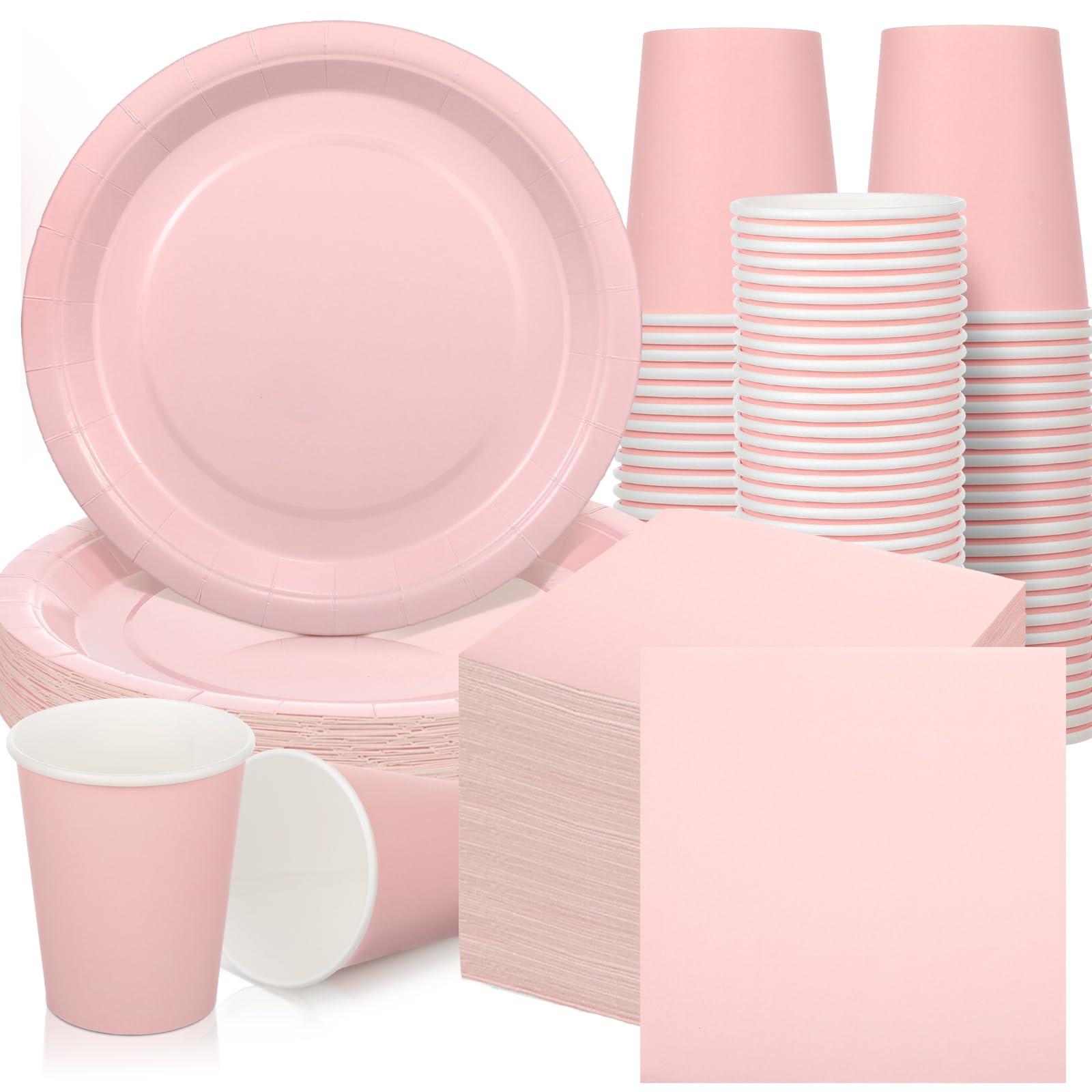 Hushee Hushee 200 Pcs Pink Party Supplies Set Pink Paper Plate and Napkins Serves 50 Guests Pink Disposable Plates Napkins Cups for Baby Shower Decorations for Girl, Pink Party Decorations